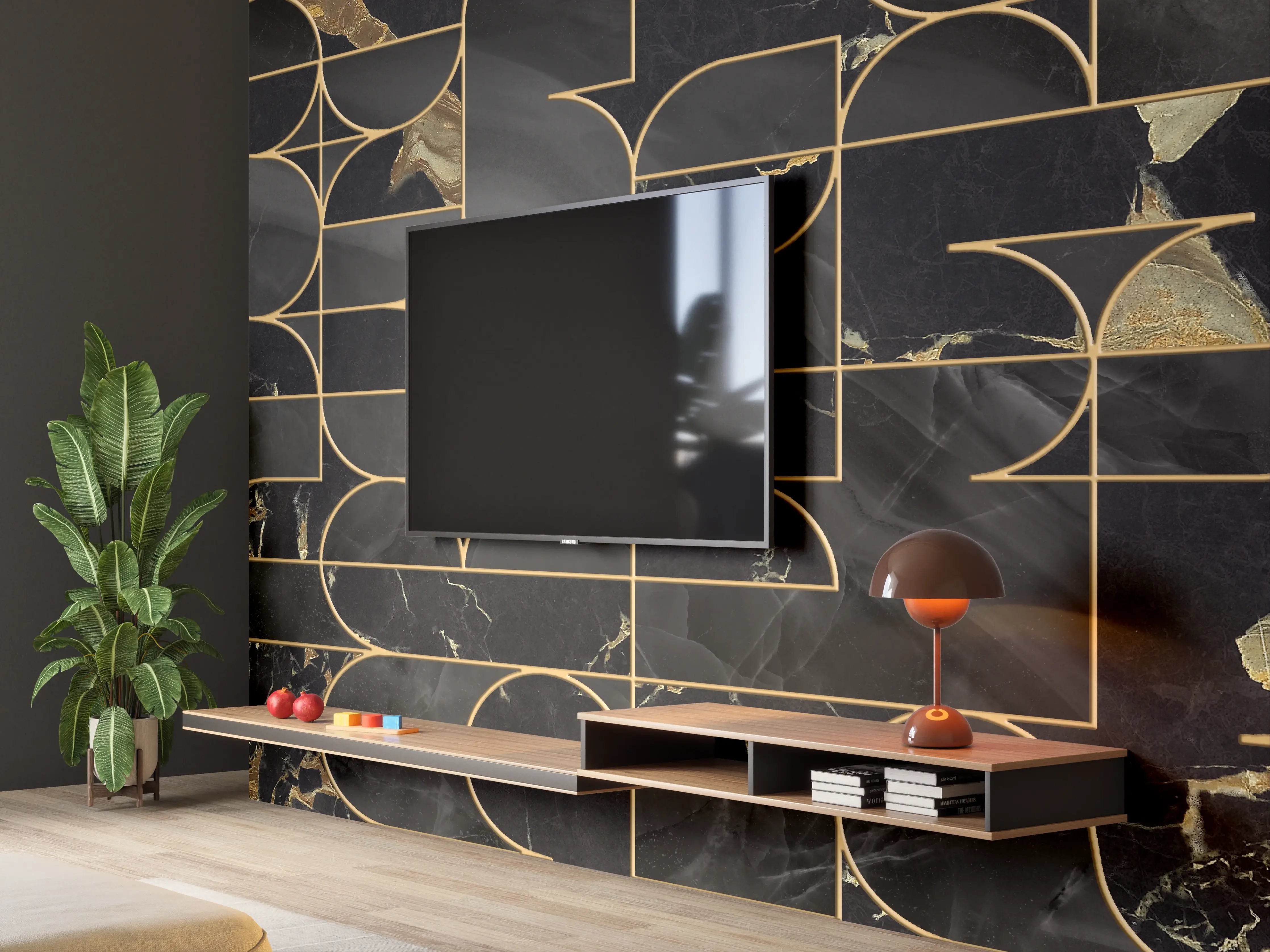 Wandverkleidung Wohnzimmer - Elegantes schwarzes Marmor-Design mit Goldakzenten