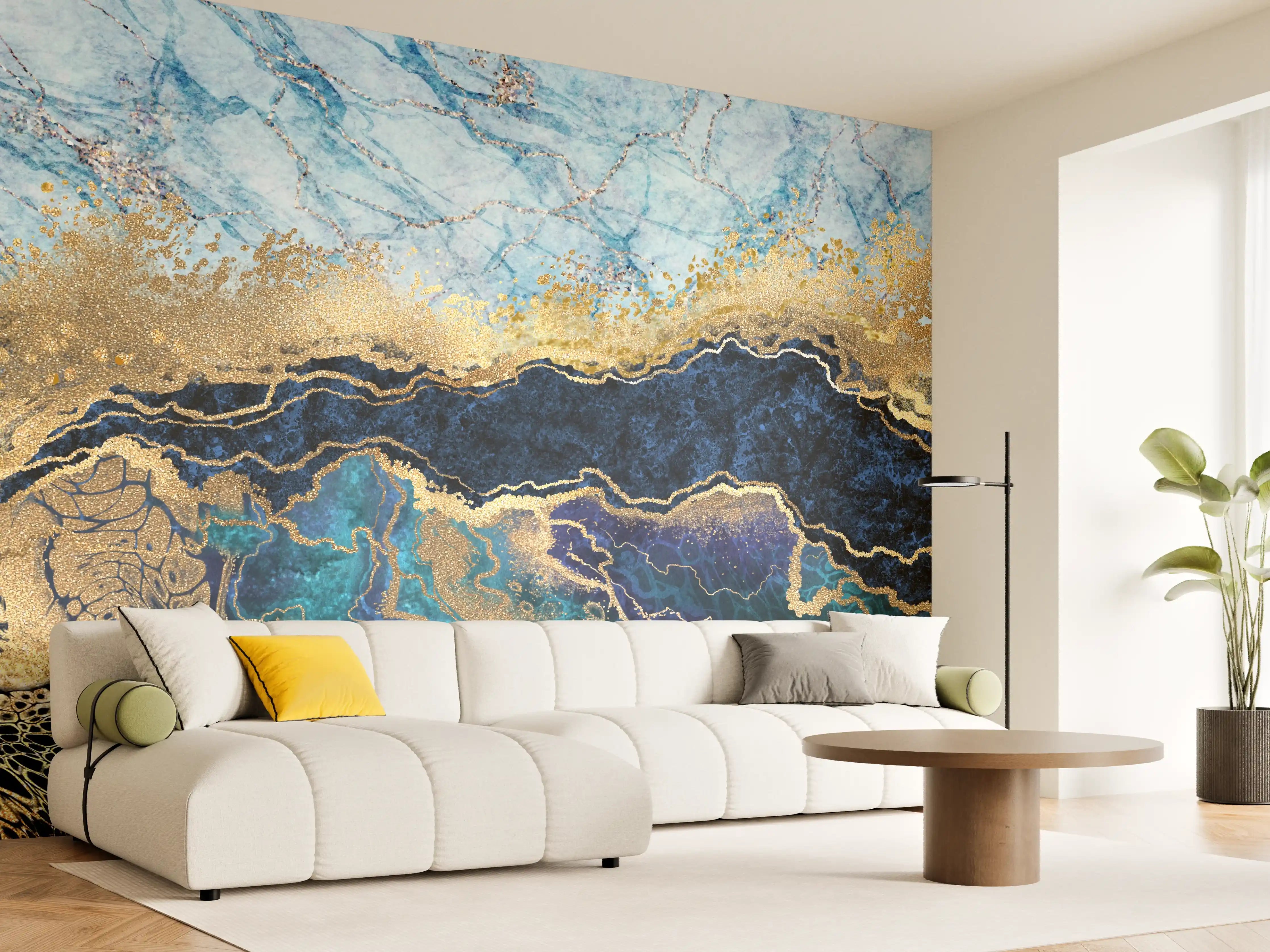 Wandverkleidung Wohnzimmer - Elegantes, abstraktes Kunstwerk in Blau und Gold