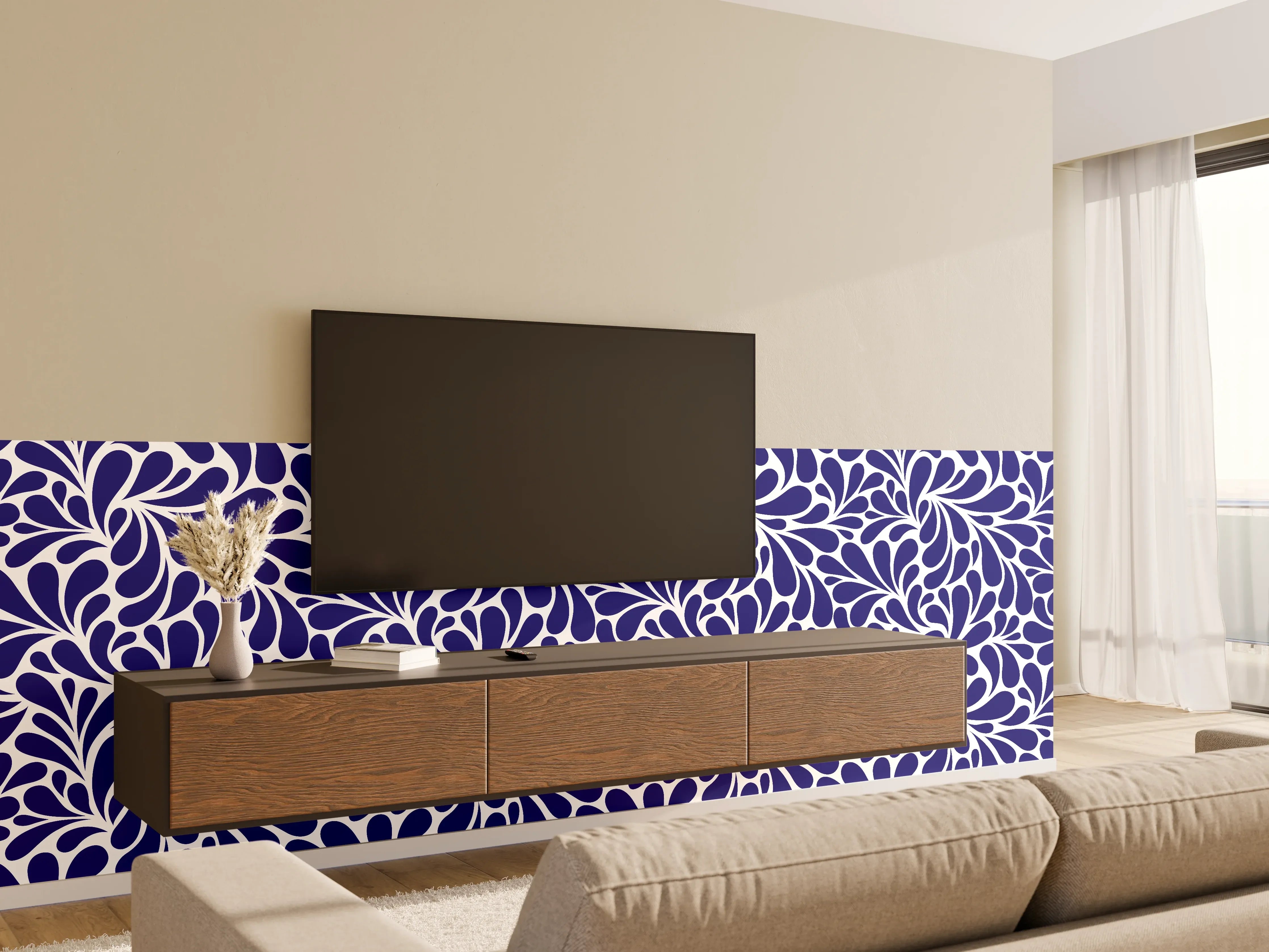 Wandverkleidung Wohnzimmer - Elegantes, blauschwarzes Ornamentmuster