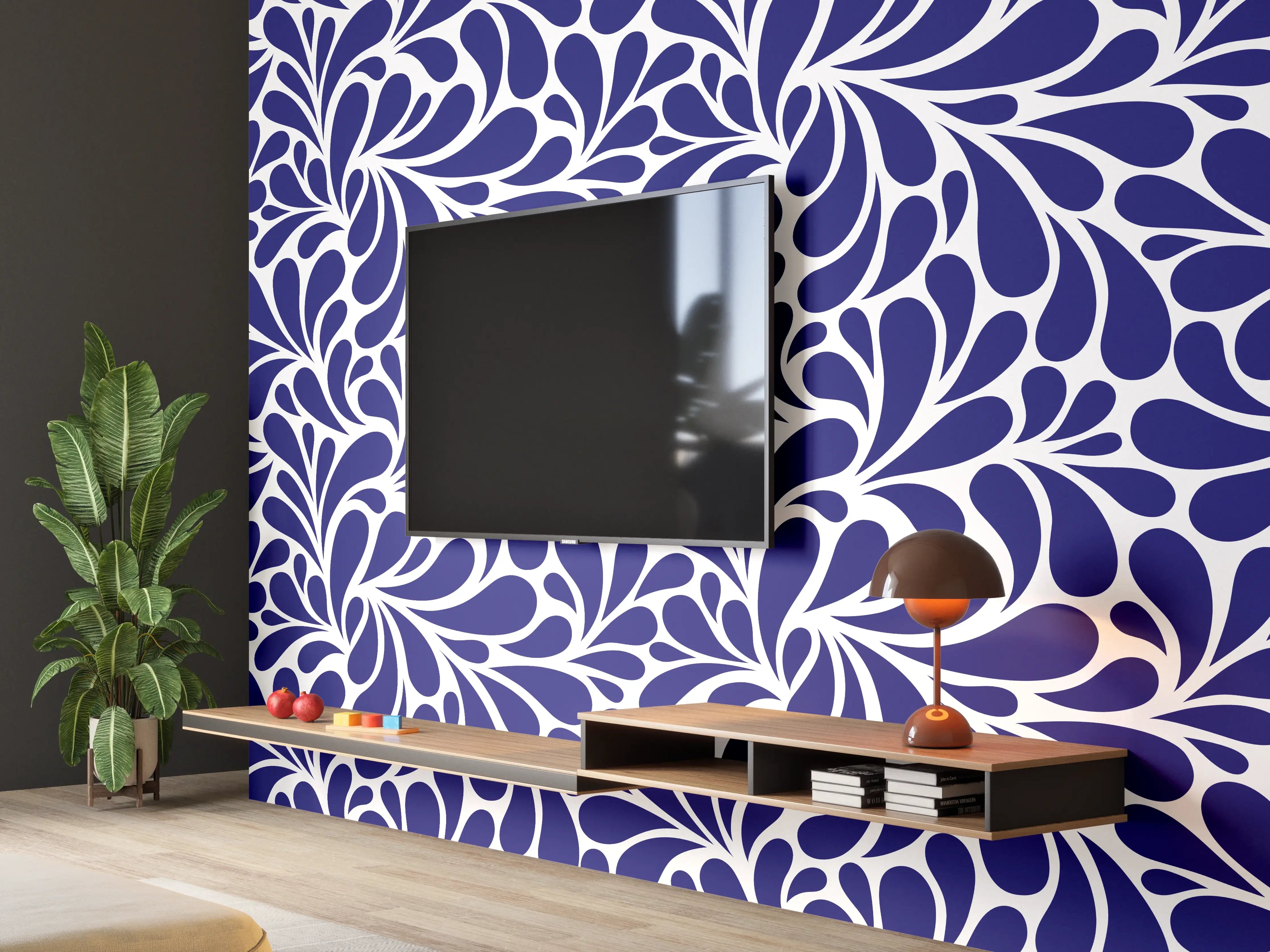 Wandverkleidung Wohnzimmer - Elegantes, blauschwarzes Ornamentmuster