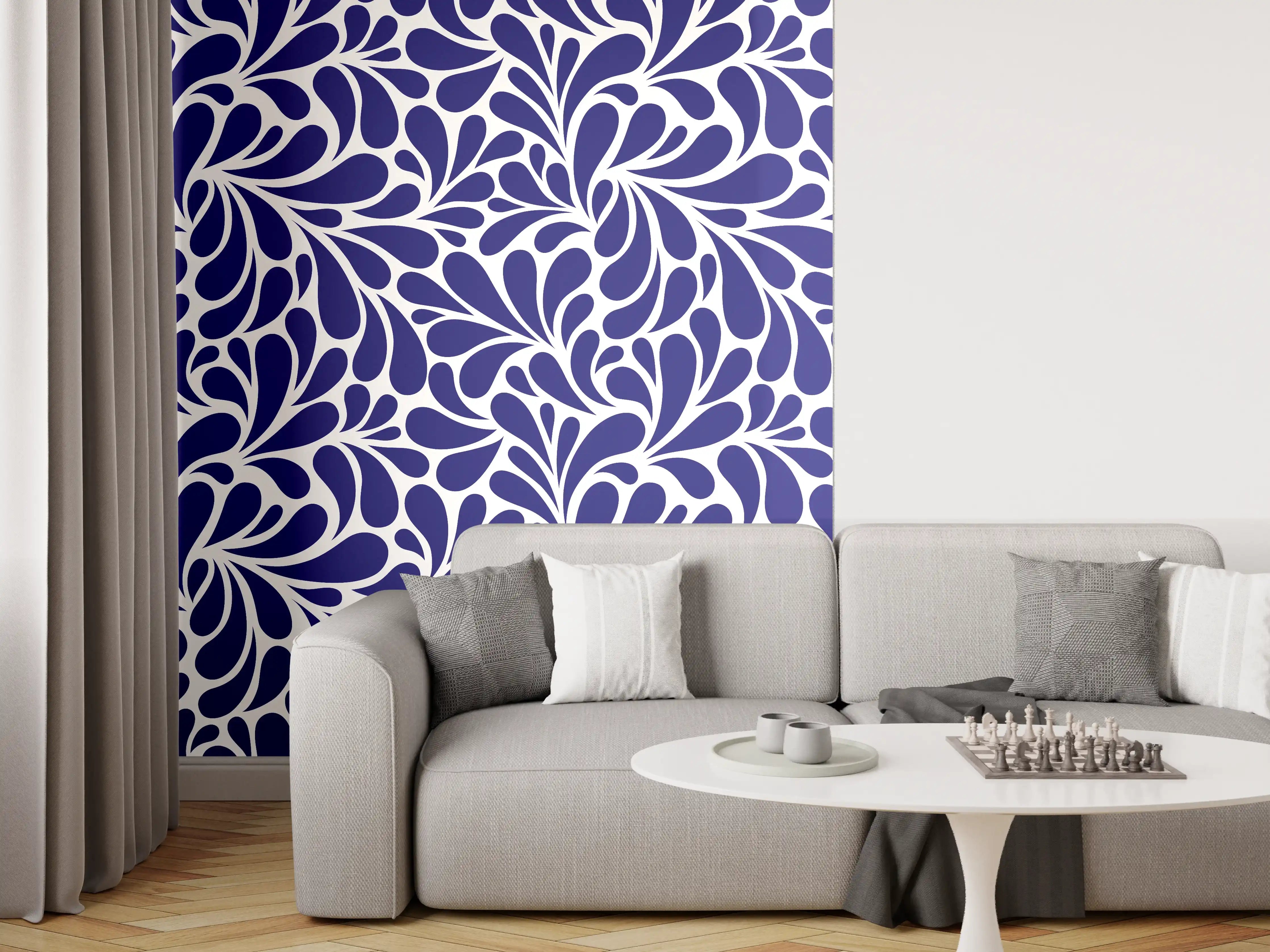 Wandverkleidung Wohnzimmer - Elegantes, blauschwarzes Ornamentmuster