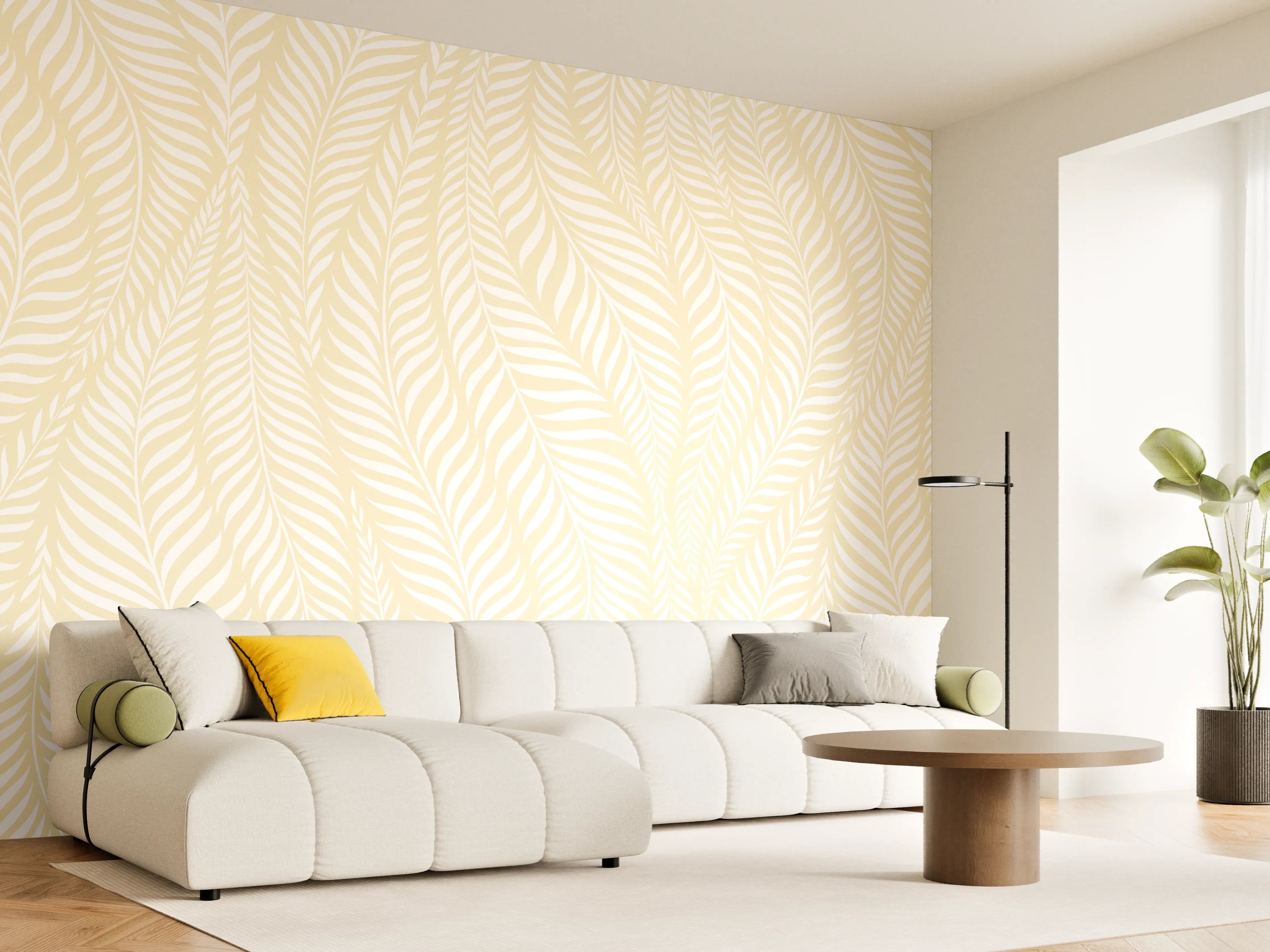 Wandverkleidung Wohnzimmer - Elegantes, helles Wandmuster mit Blättern