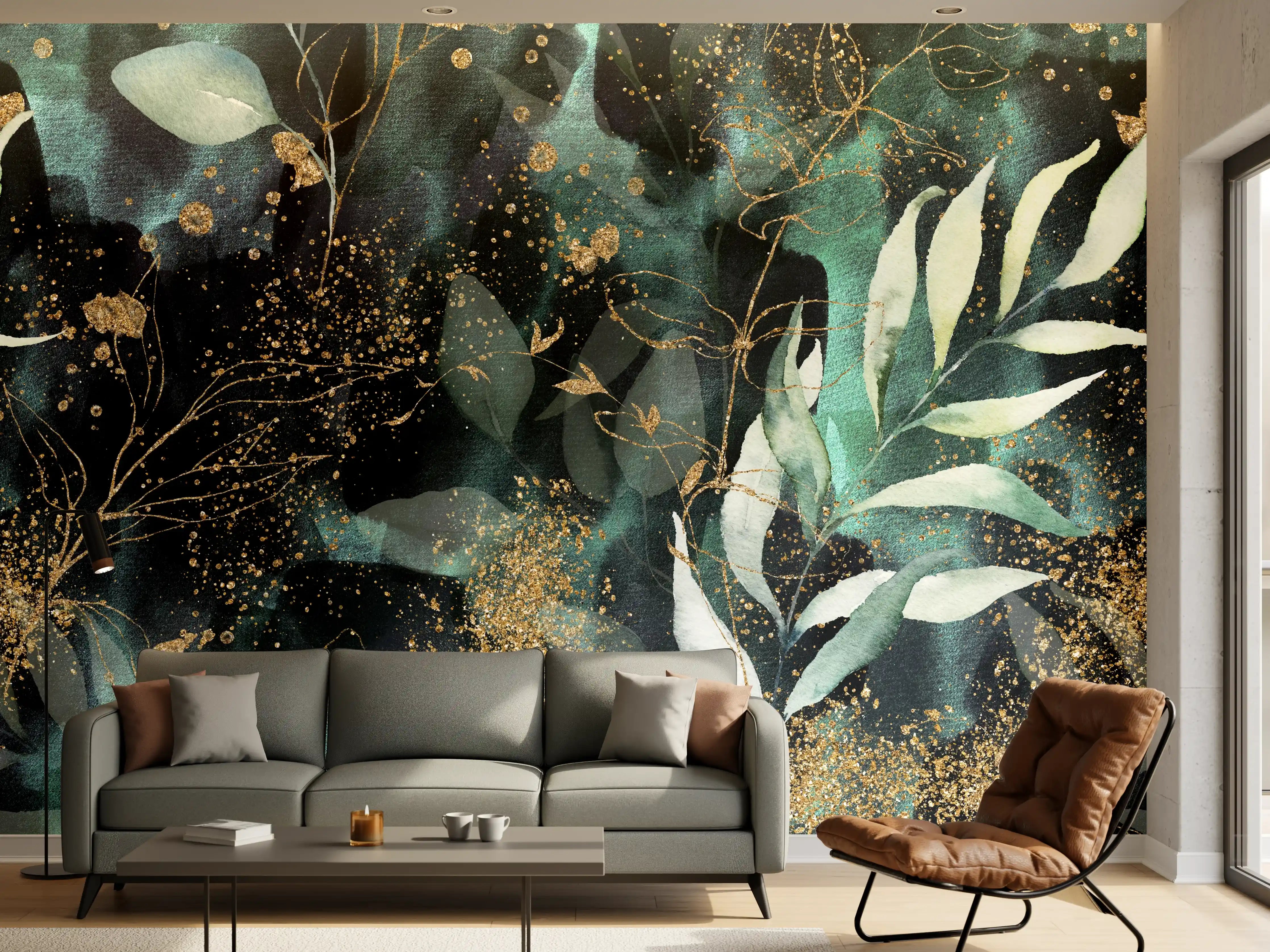 Wandverkleidung Wohnzimmer - Elegantes, naturinspiriertes Design mit Goldakzenten