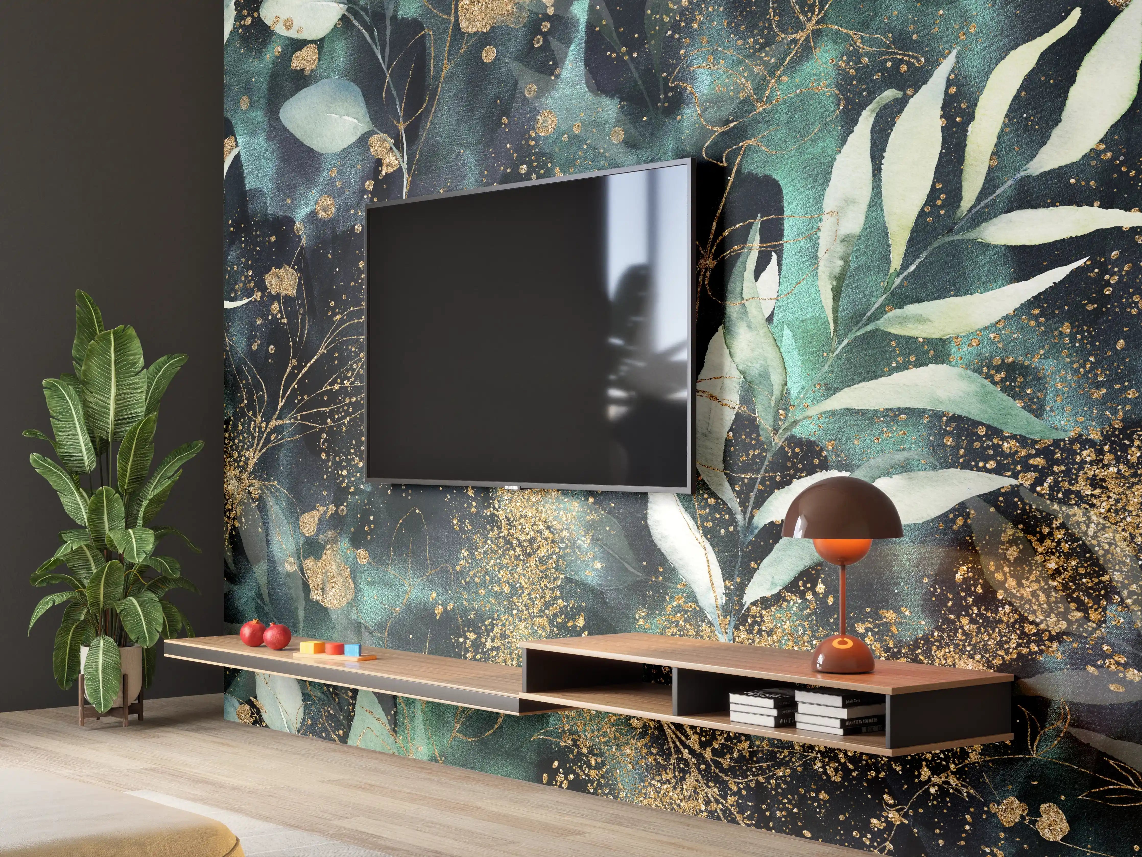 Wandverkleidung Wohnzimmer - Elegantes, naturinspiriertes Design mit Goldakzenten