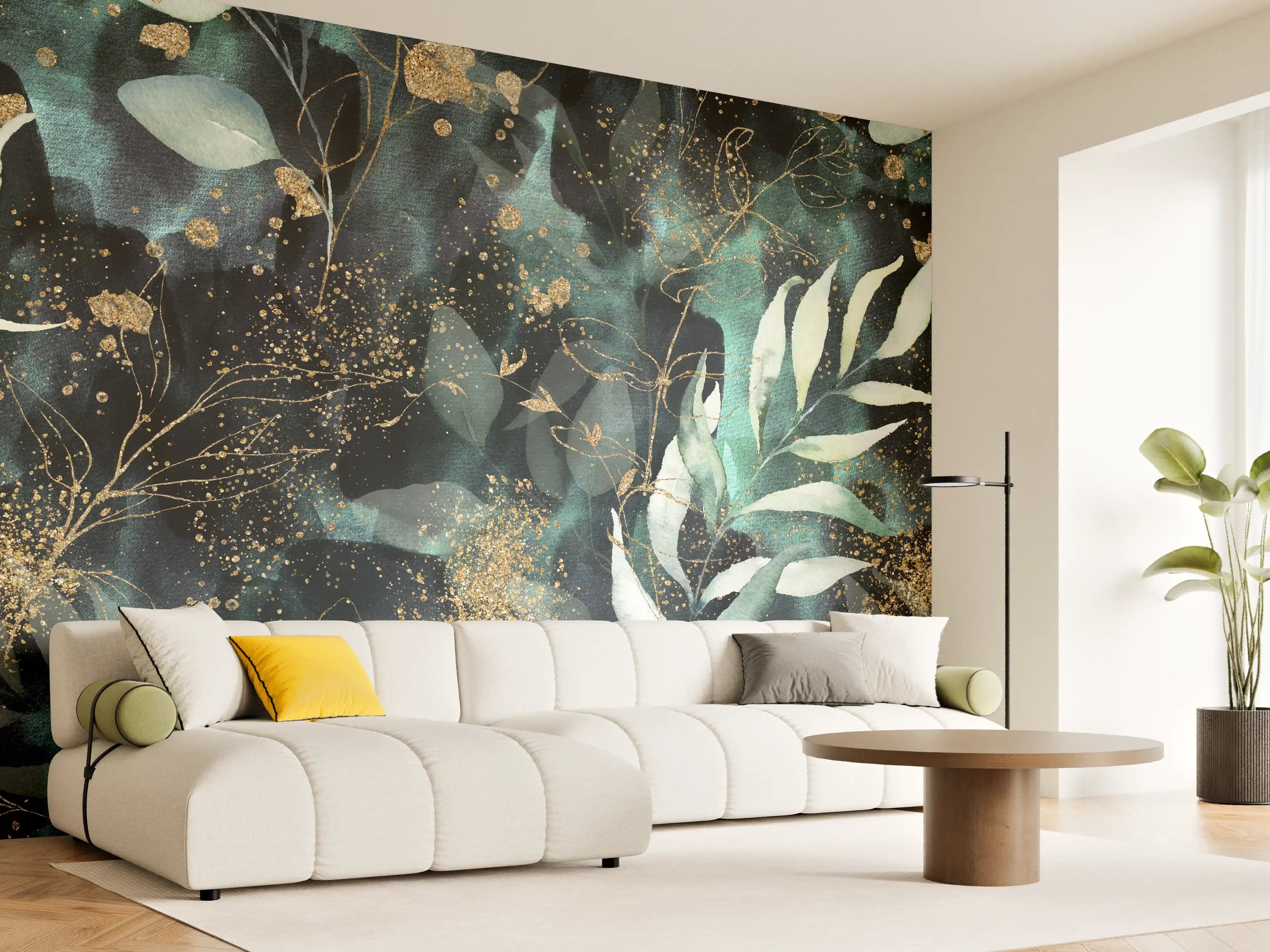 Wandverkleidung Wohnzimmer - Elegantes, naturinspiriertes Design mit Goldakzenten