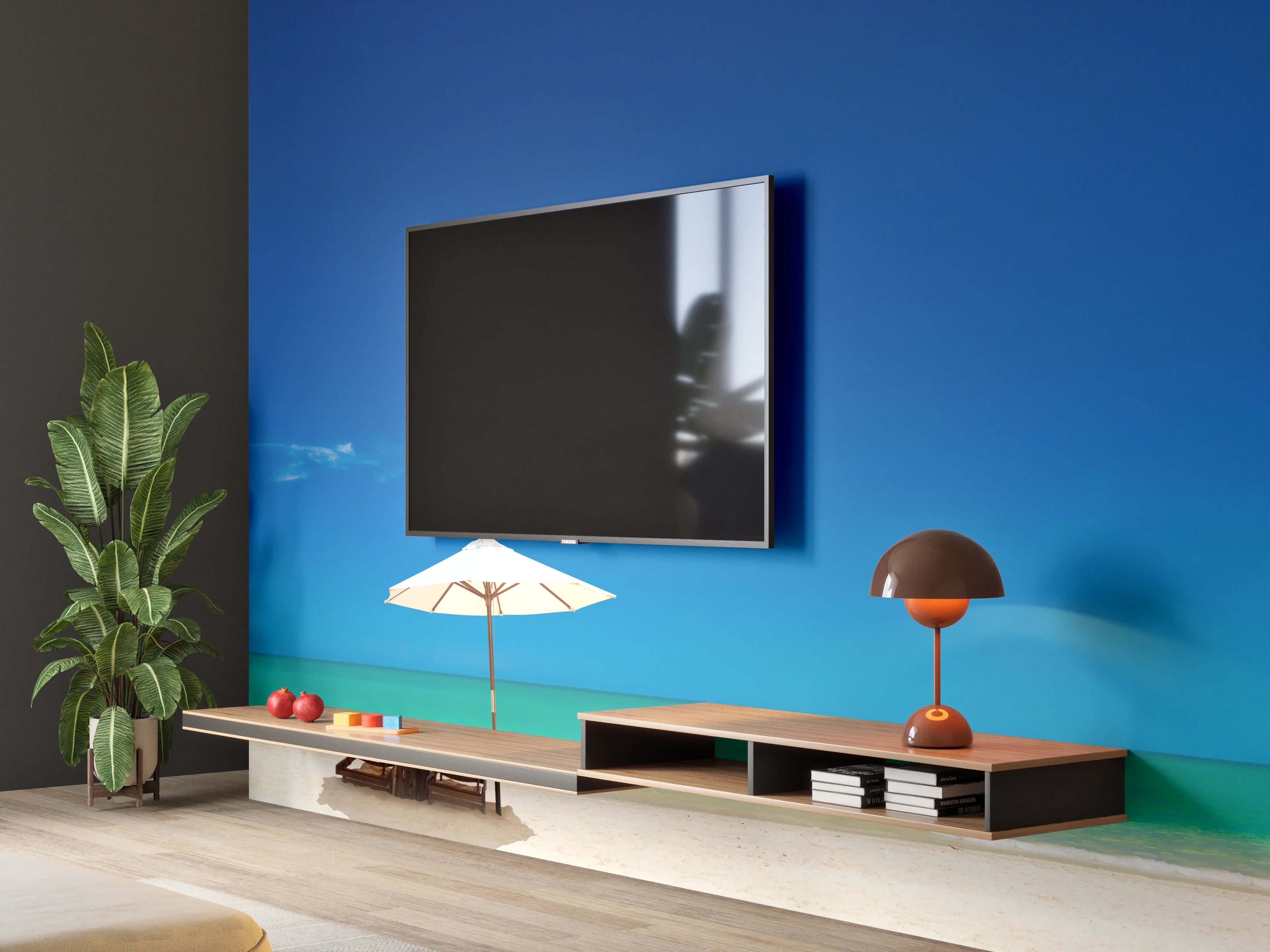 Wandverkleidung Wohnzimmer - Entspannender Strand mit Sonnenschirm