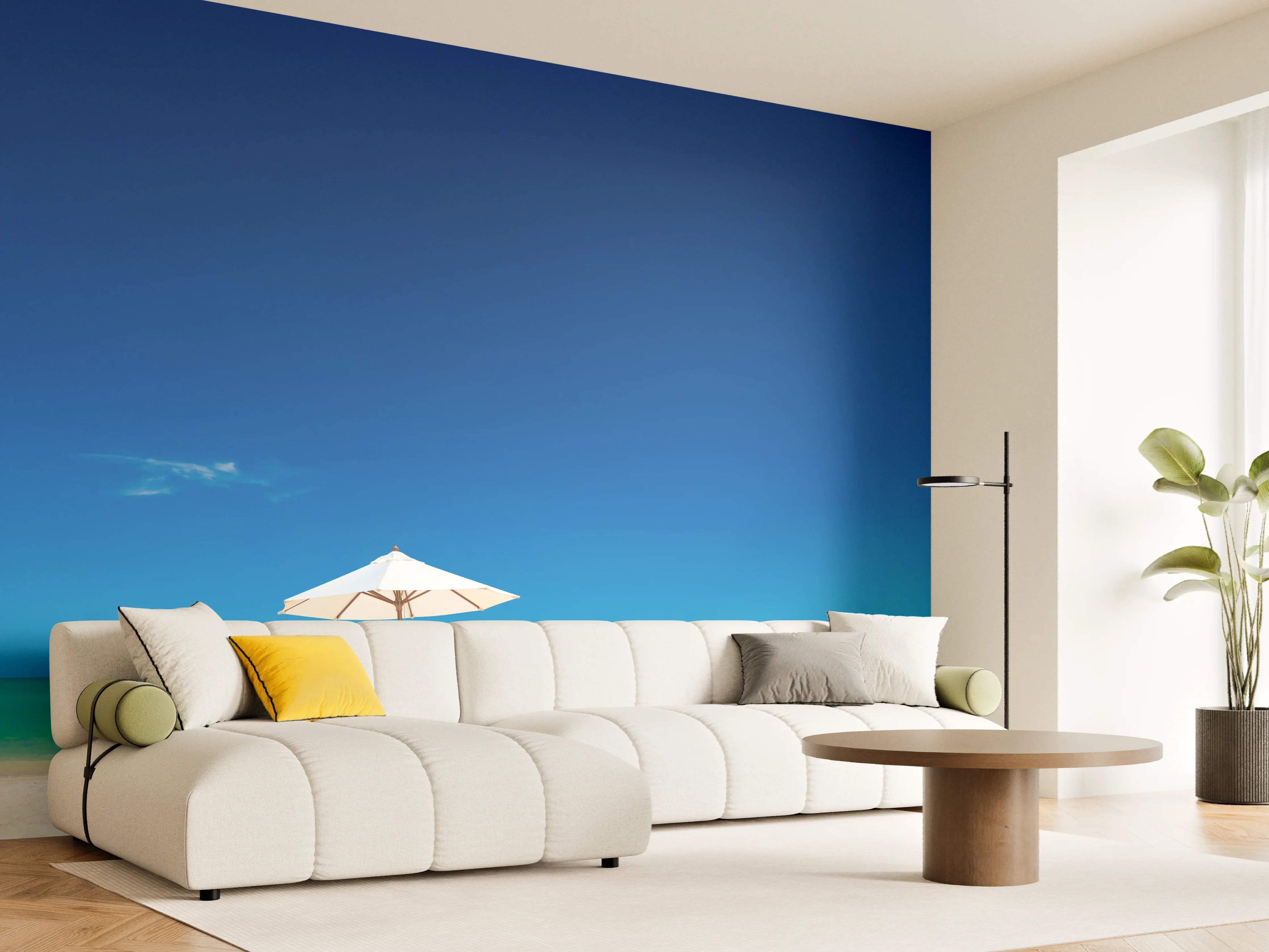 Wandverkleidung Wohnzimmer - Entspannender Strand mit Sonnenschirm