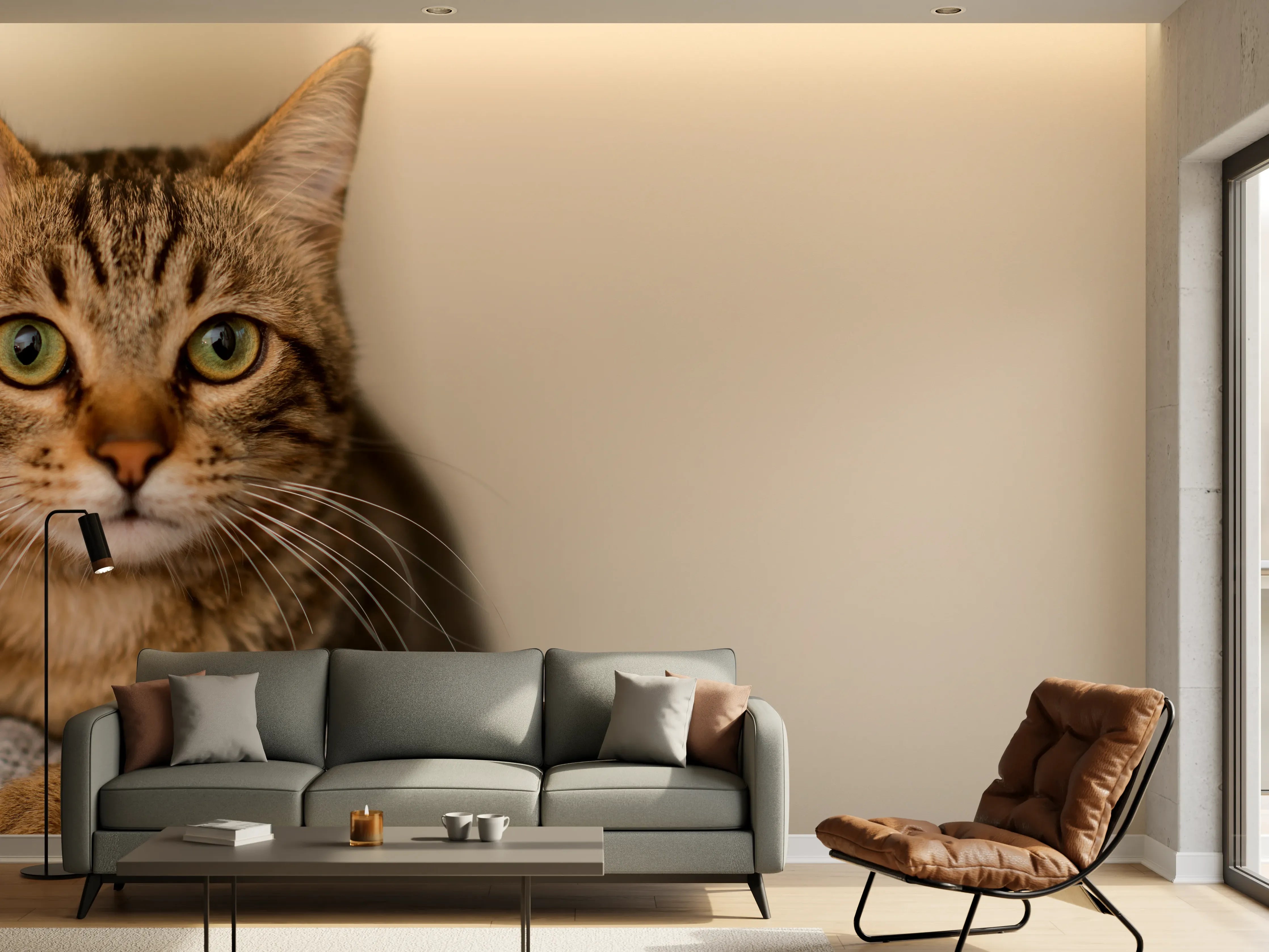 Wandverkleidung Wohnzimmer - Entspannte Hauskatze in Beige-Braun