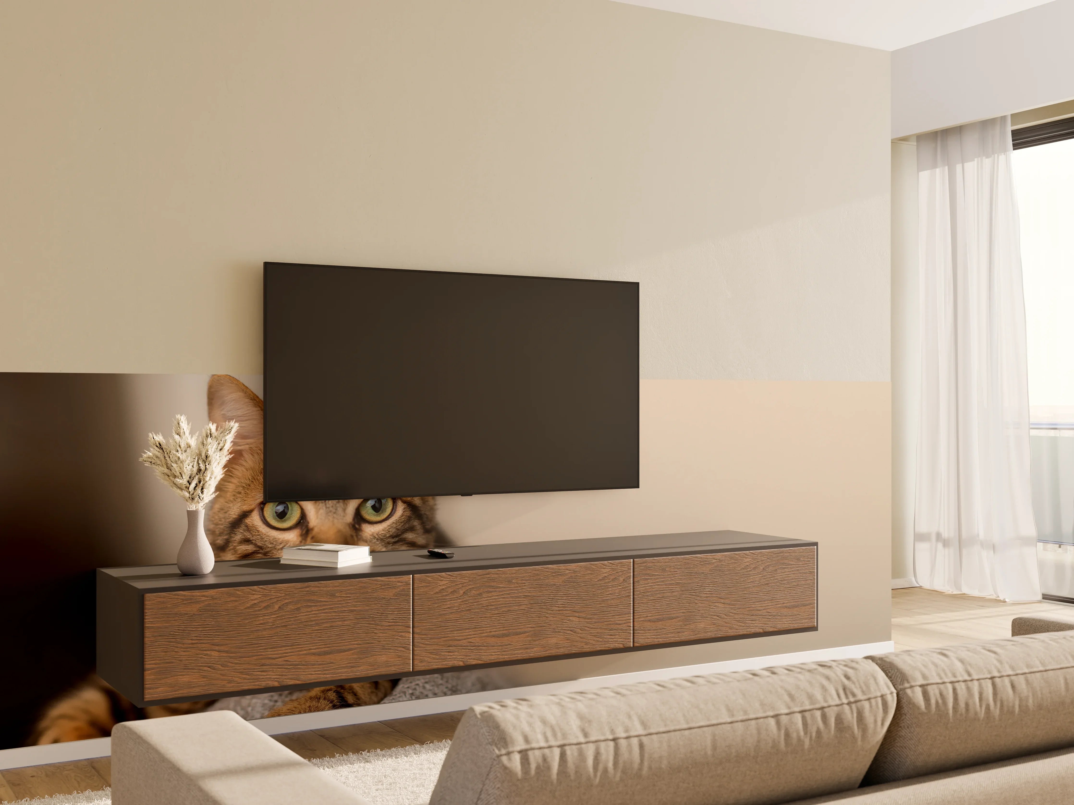 Wandverkleidung Wohnzimmer - Entspannte Hauskatze in Beige-Braun