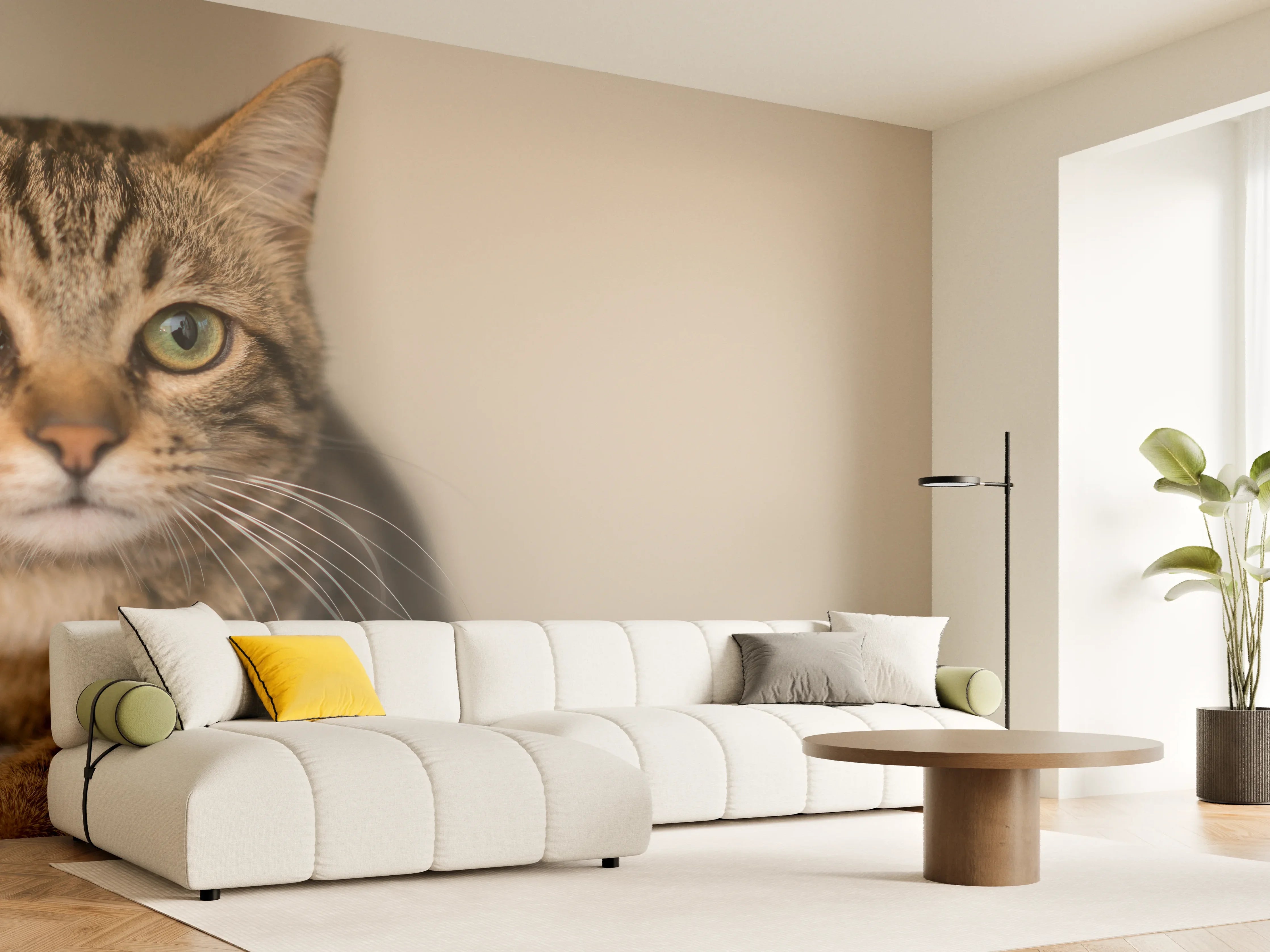 Wandverkleidung Wohnzimmer - Entspannte Hauskatze in Beige-Braun