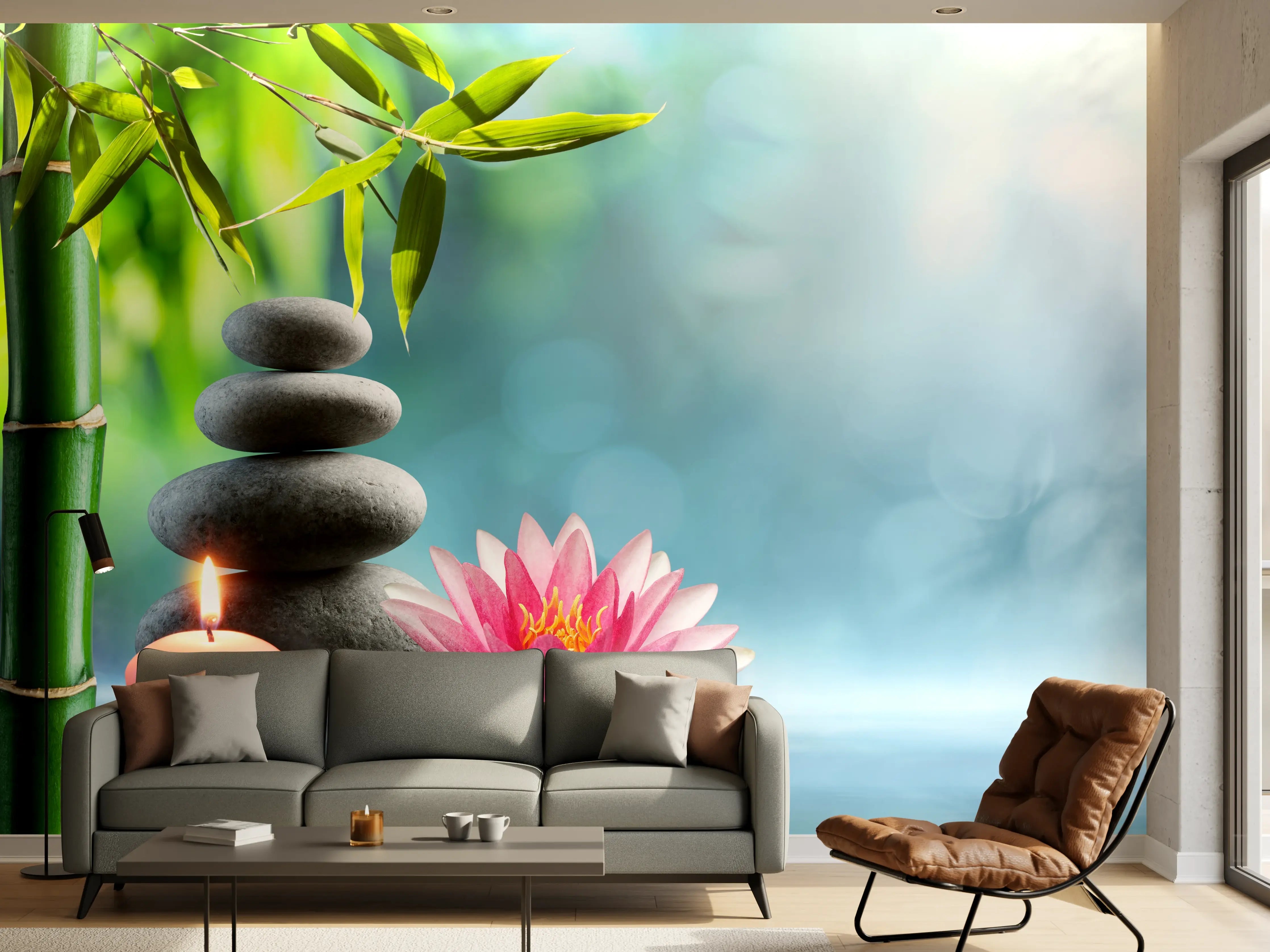 Wandverkleidung Wohnzimmer - Entspannung mit Lotus & Bambus