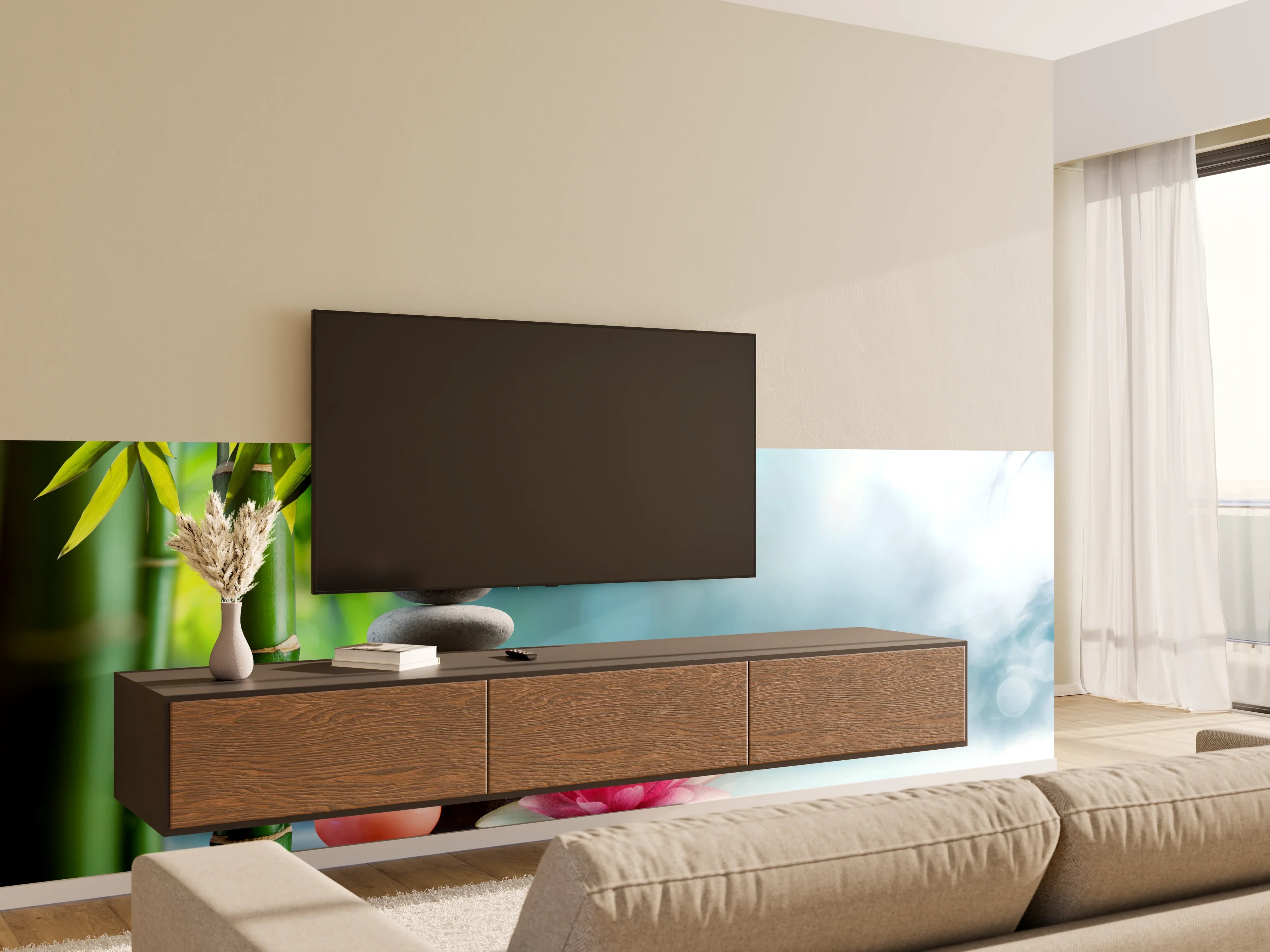 Wandverkleidung Wohnzimmer - Entspannung mit Lotus & Bambus