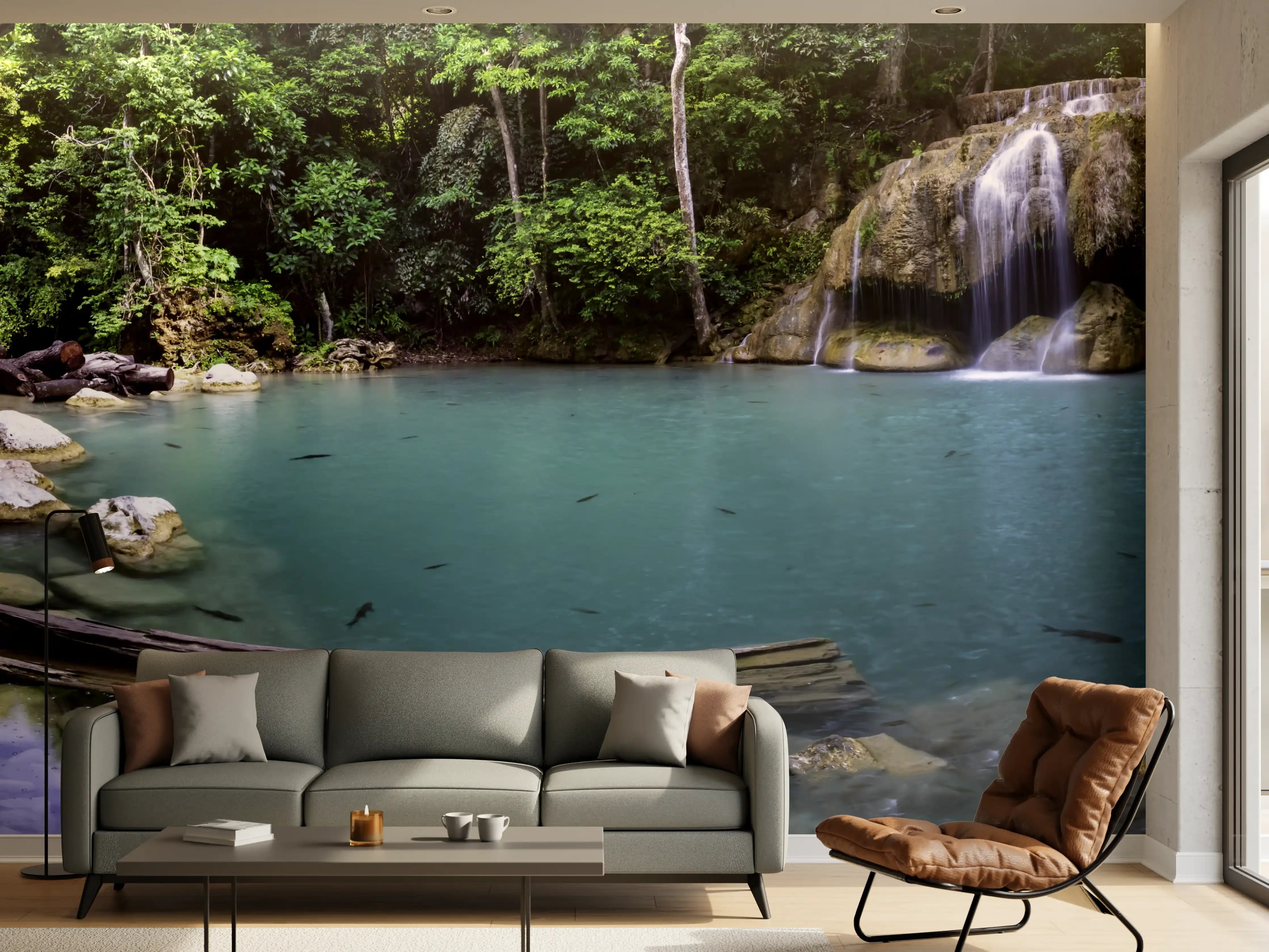 Wandverkleidung Wohnzimmer - Erawan-Wasserfall im tropischen Dschungel Surrou