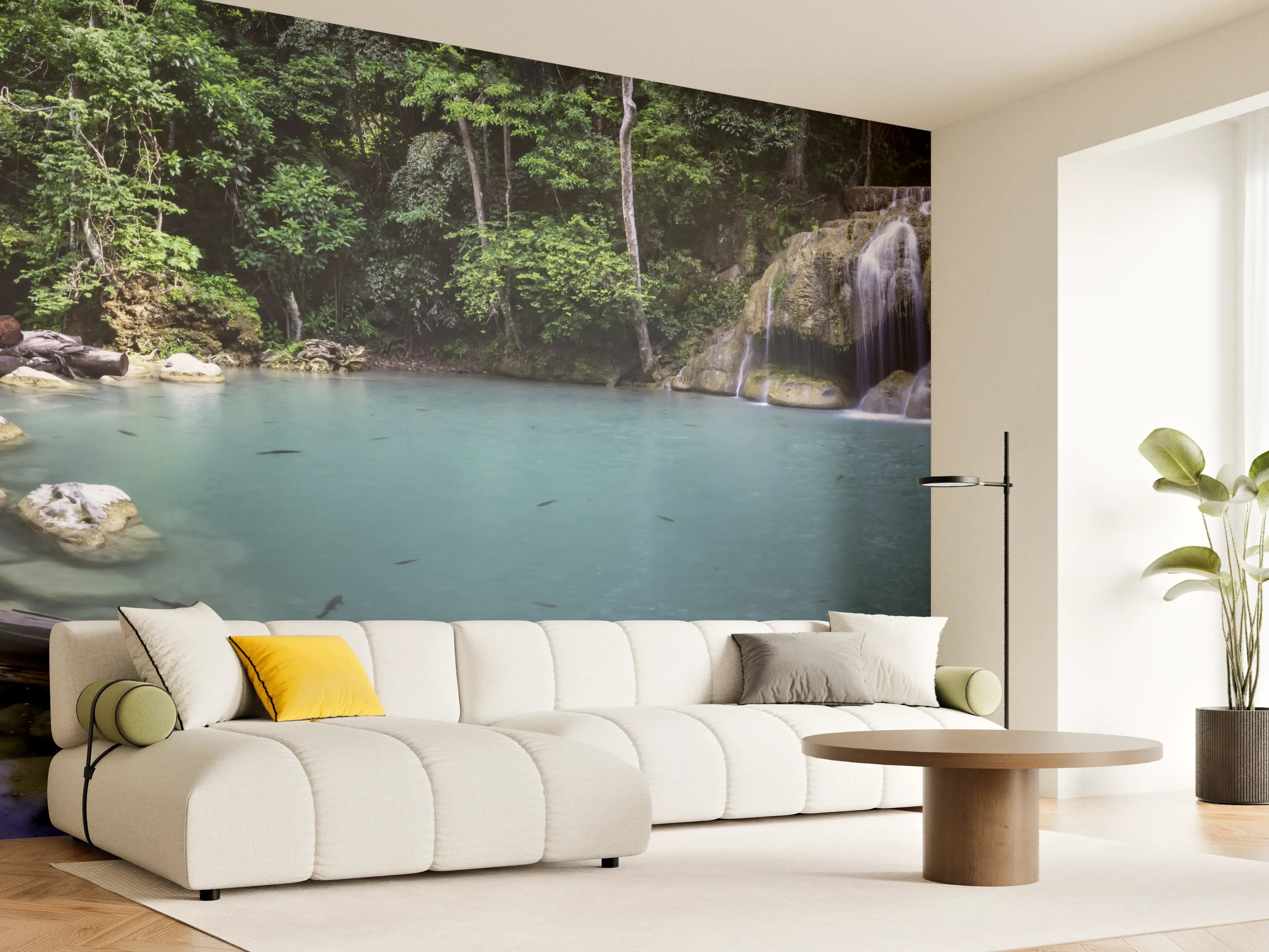 Wandverkleidung Wohnzimmer - Erawan-Wasserfall im tropischen Dschungel Surrou