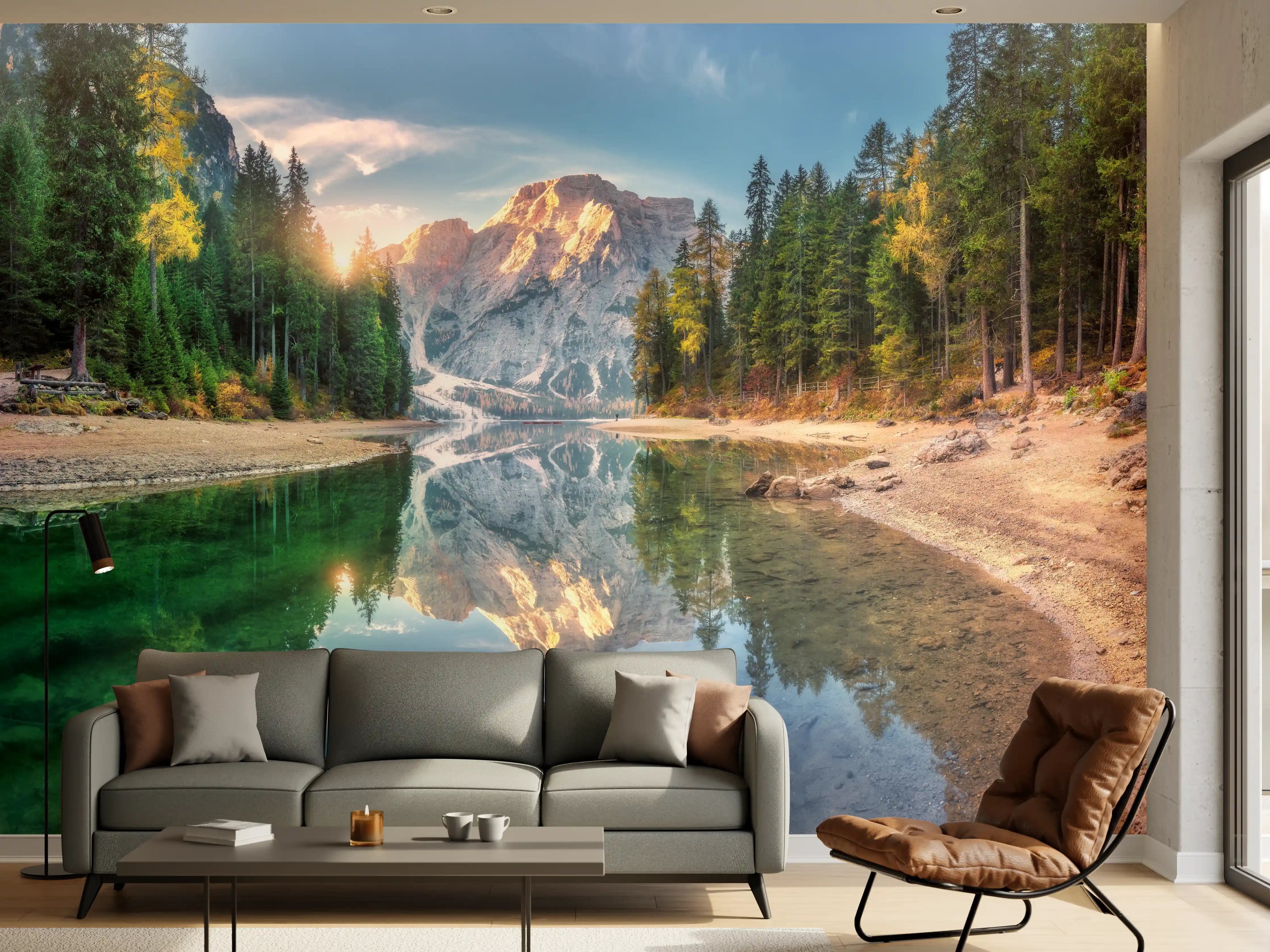 Wandverkleidung Wohnzimmer - Erstaunlicher Pragser Wildsee bei Sonnenaufgang