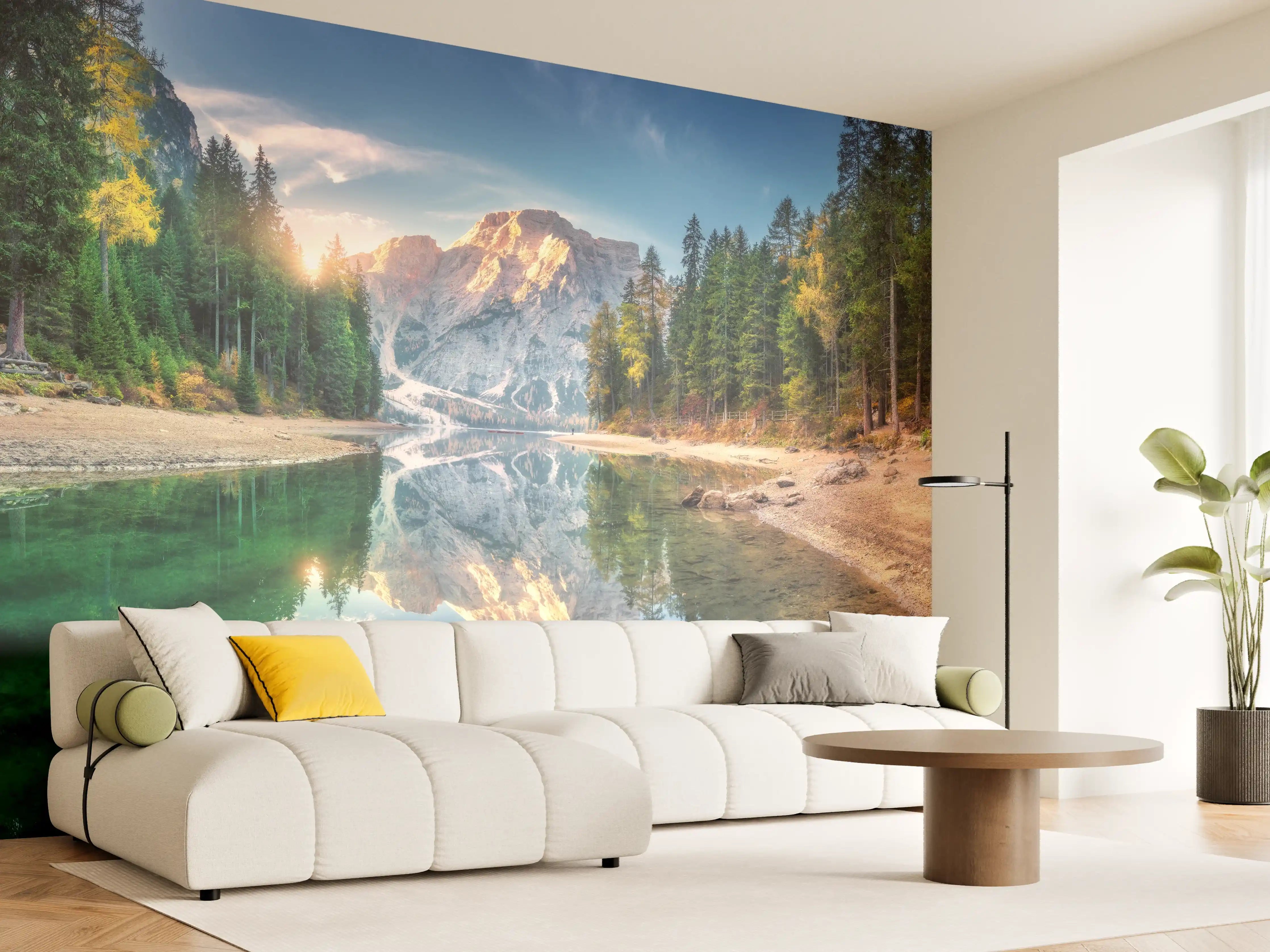 Wandverkleidung Wohnzimmer - Erstaunlicher Pragser Wildsee bei Sonnenaufgang