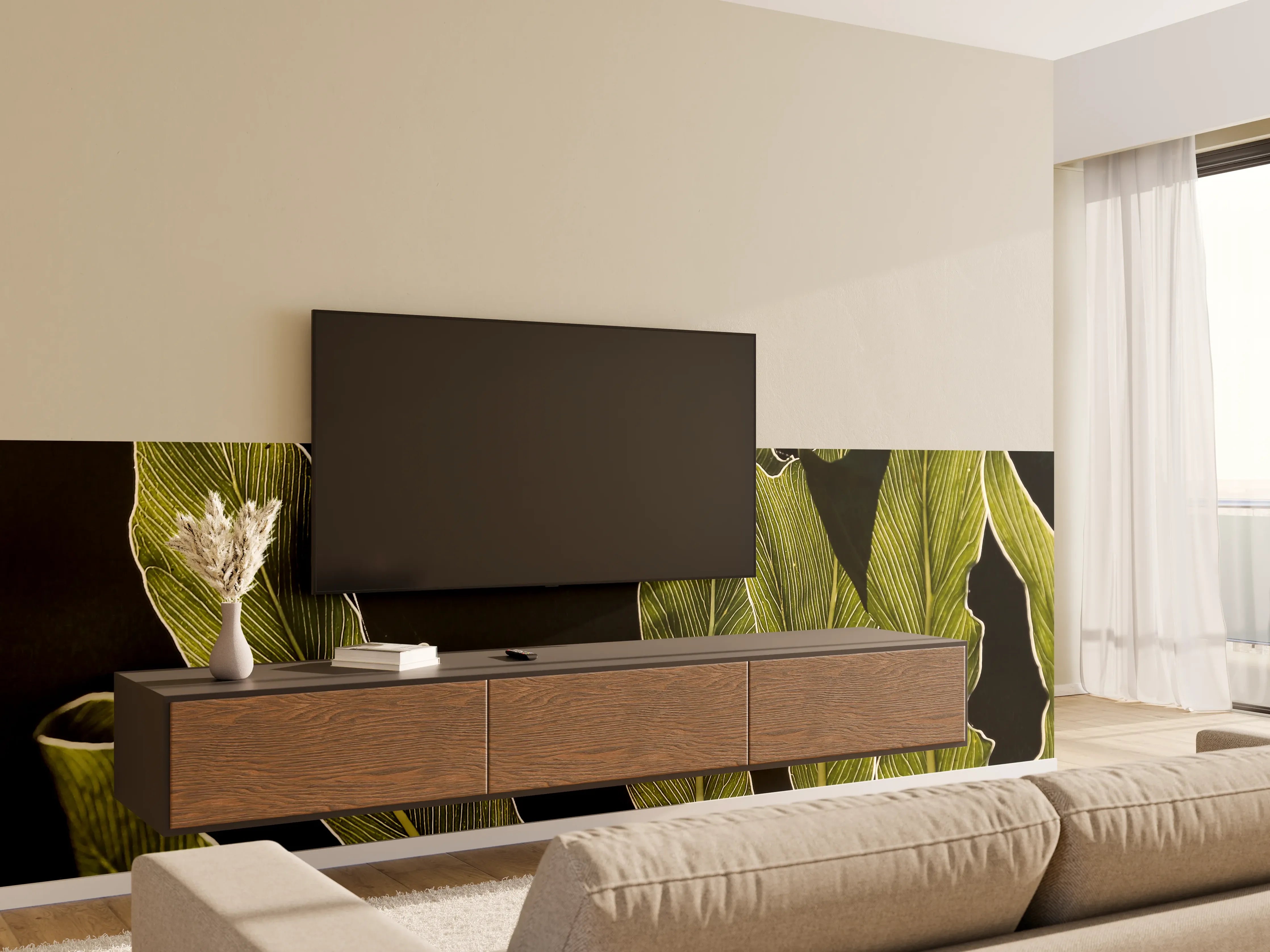 Wandverkleidung Wohnzimmer - Exklusive Papageienblatt-Wanddekoration