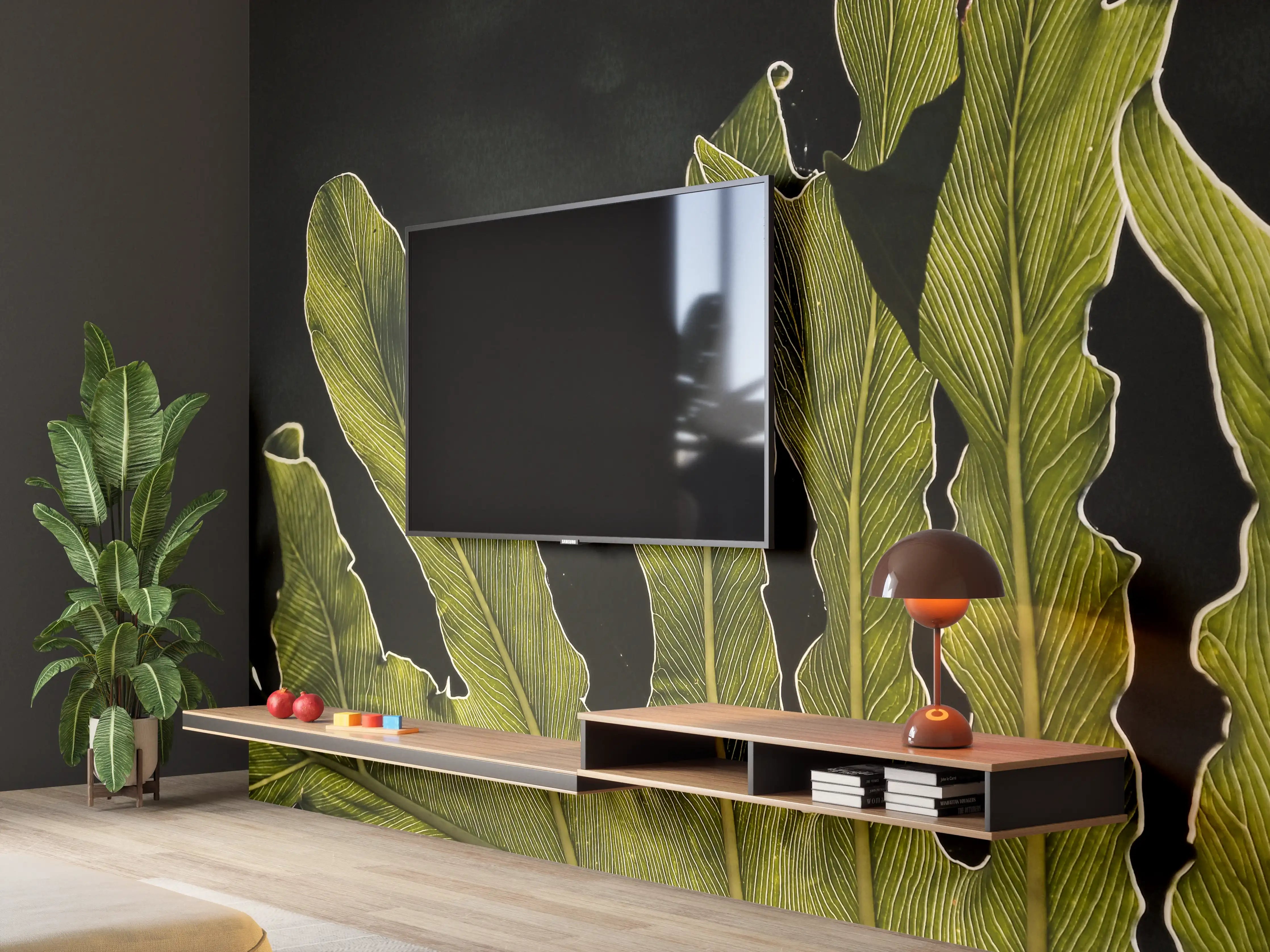 Wandverkleidung Wohnzimmer - Exklusive Papageienblatt-Wanddekoration