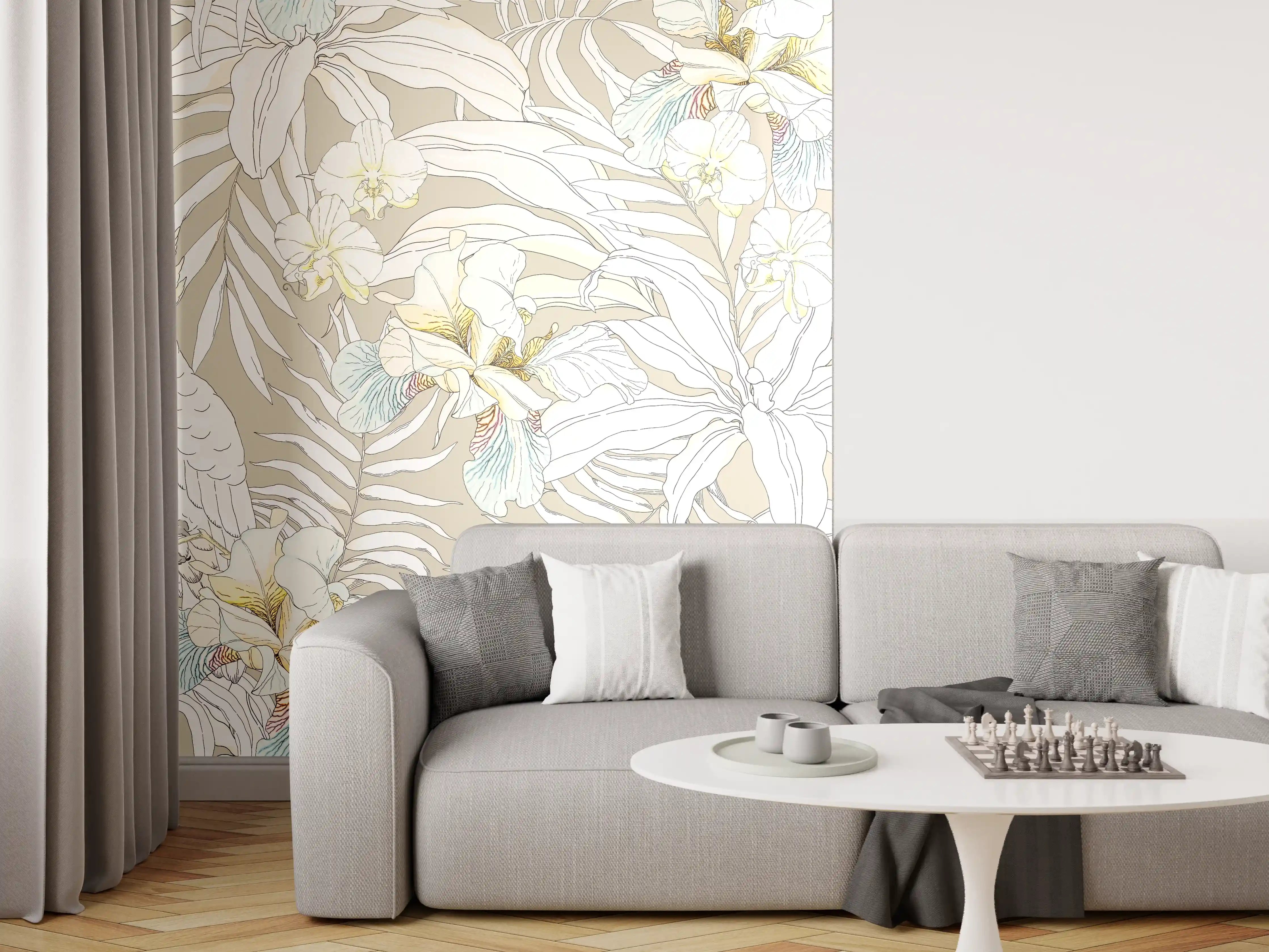 Wandverkleidung Wohnzimmer - Exotische Kakadu-Blumen-Musterung