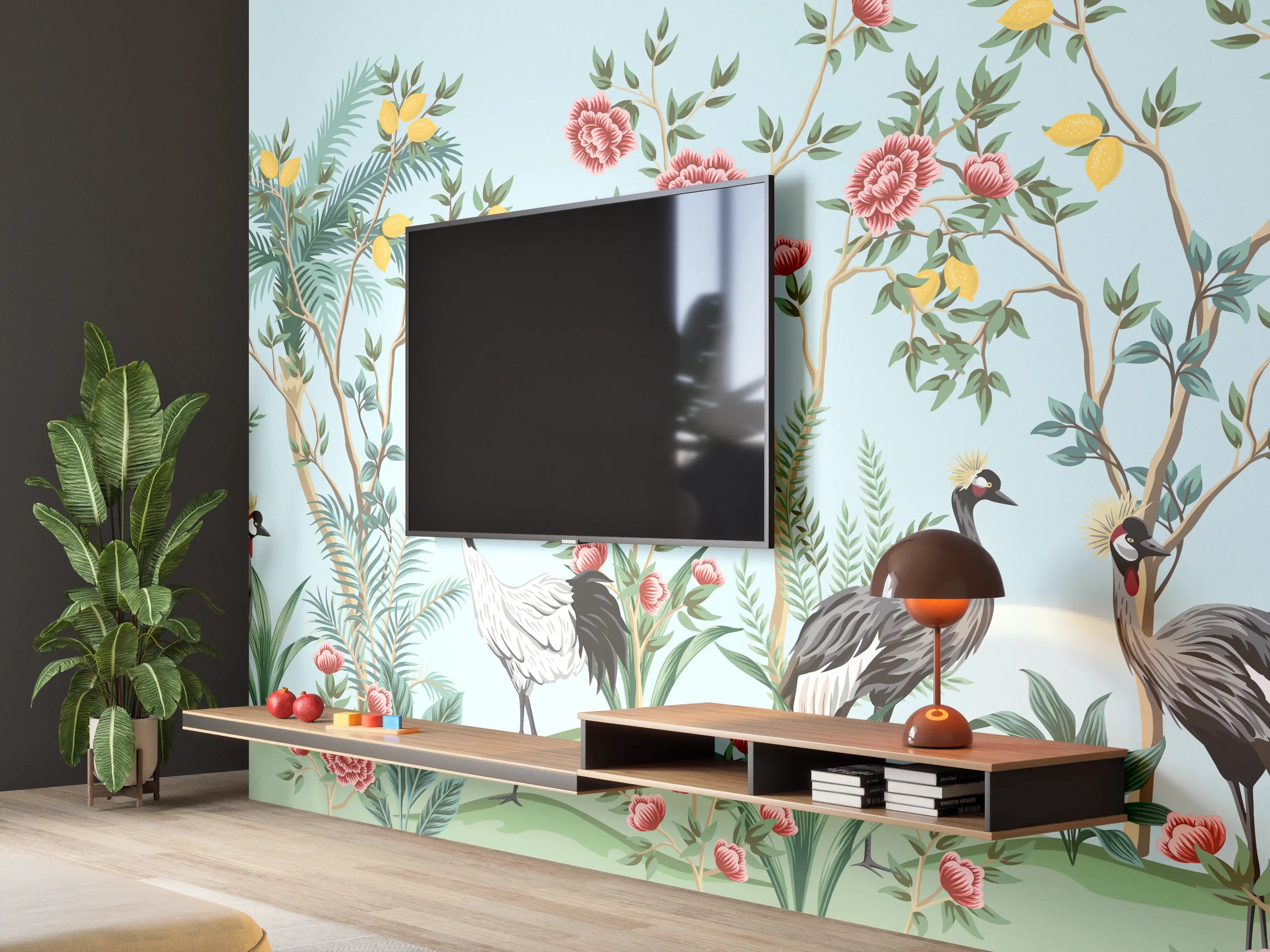 Wandverkleidung Wohnzimmer - Exotische Vogel-Tapete