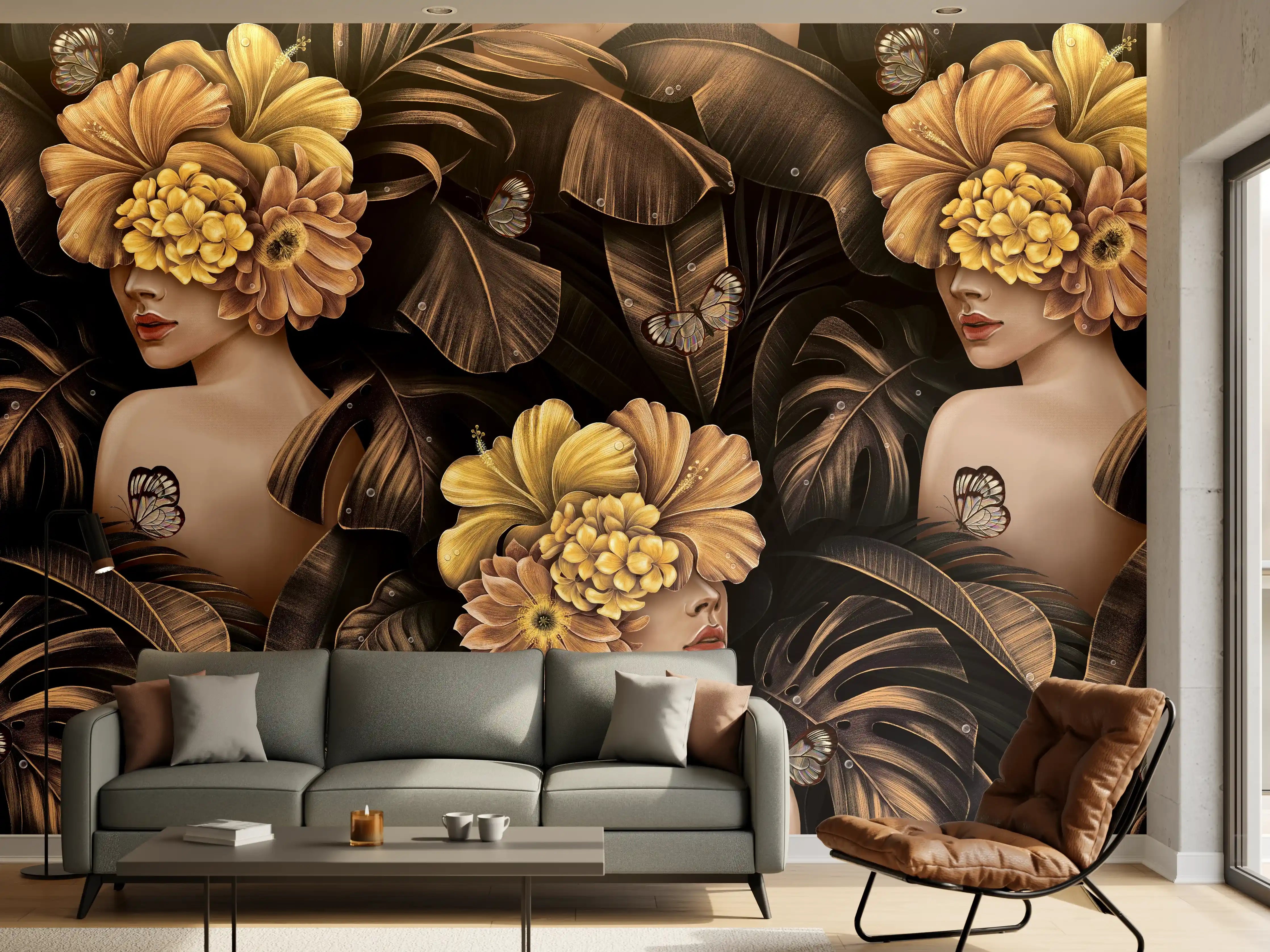 Wandverkleidung Wohnzimmer - Exotischen Frauen, Blumen Muster