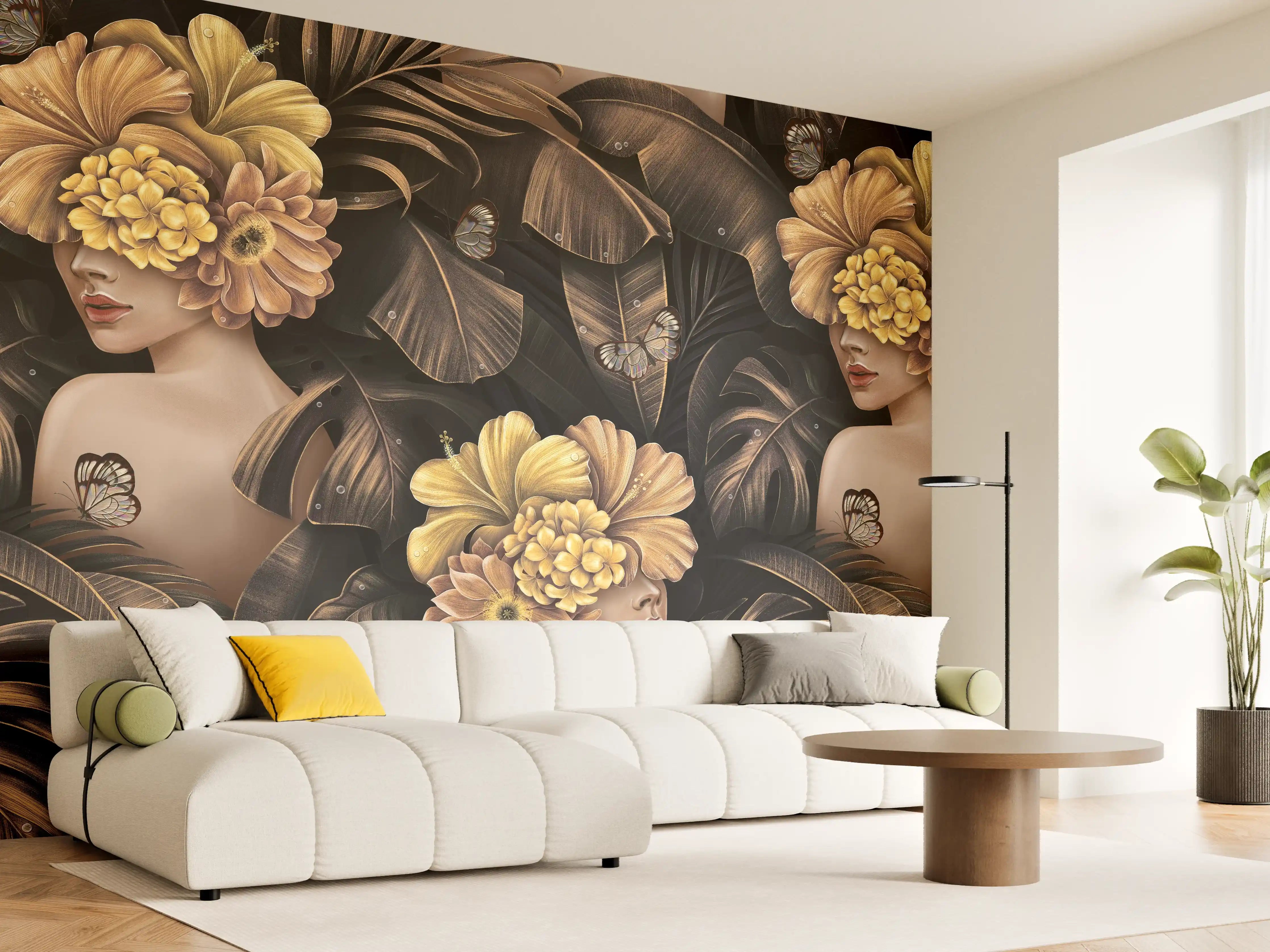 Wandverkleidung Wohnzimmer - Exotischen Frauen, Blumen Muster