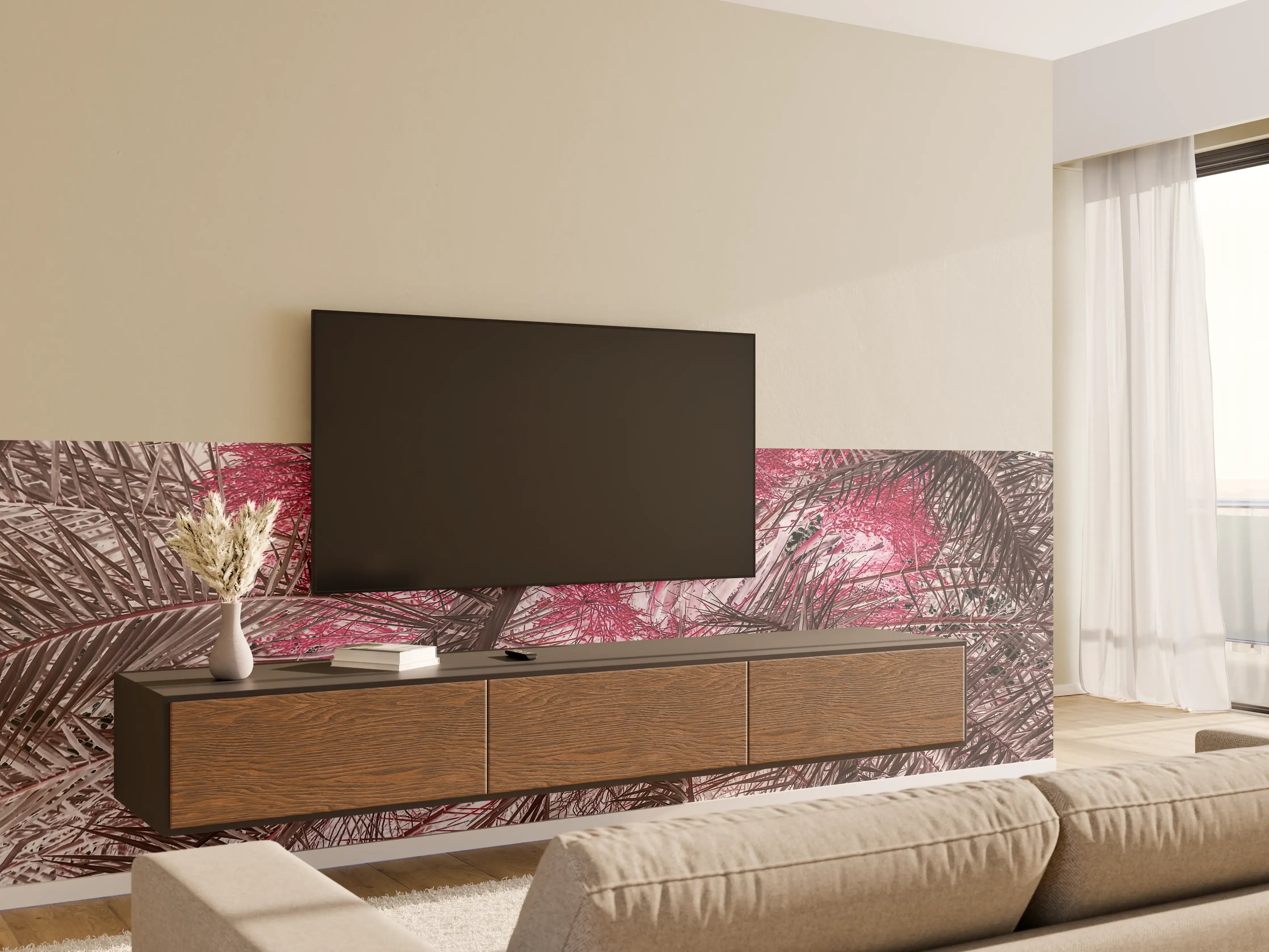 Wandverkleidung Wohnzimmer - Exotischer Palmengarten in Pink