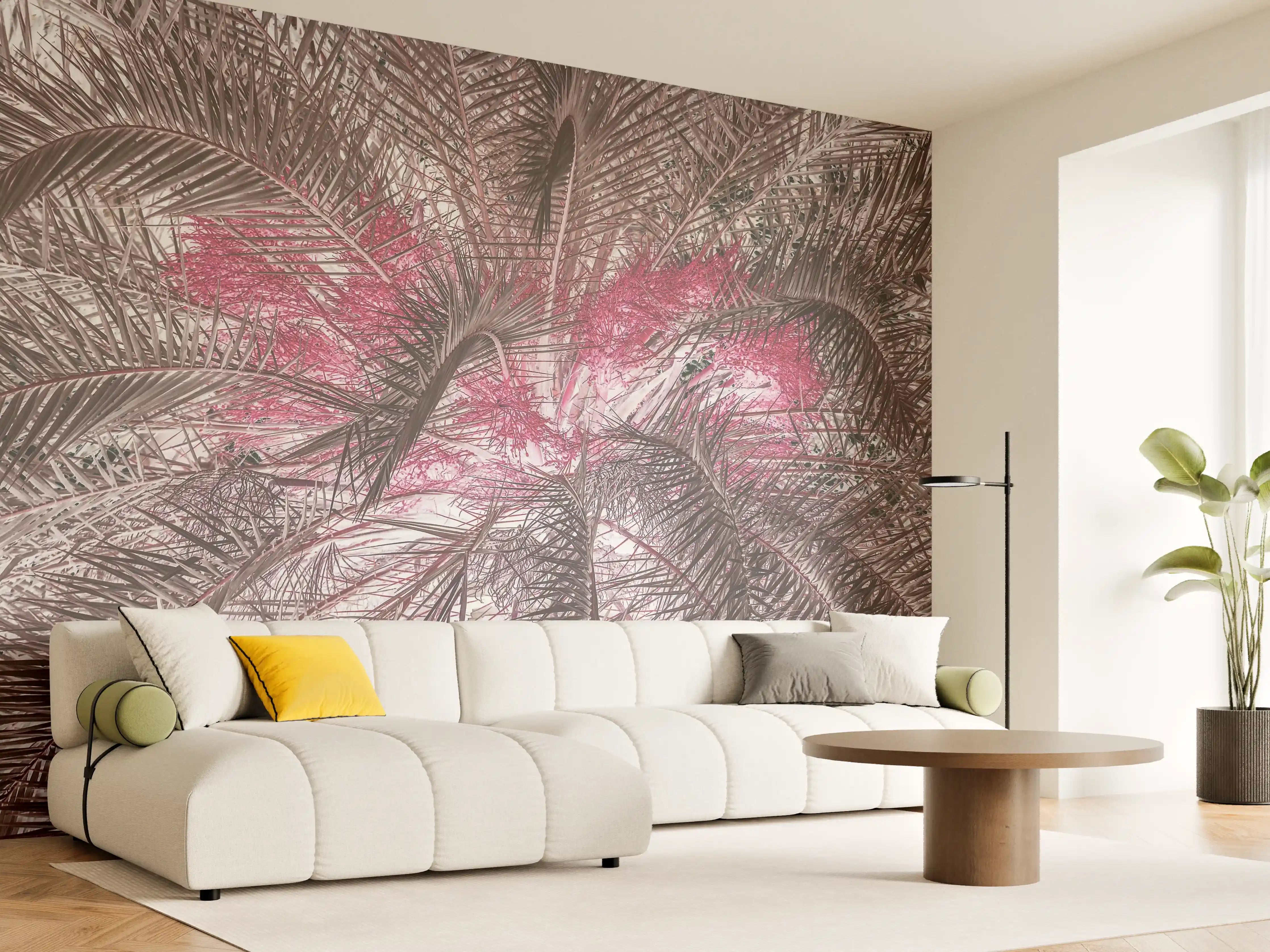 Wandverkleidung Wohnzimmer - Exotischer Palmengarten in Pink