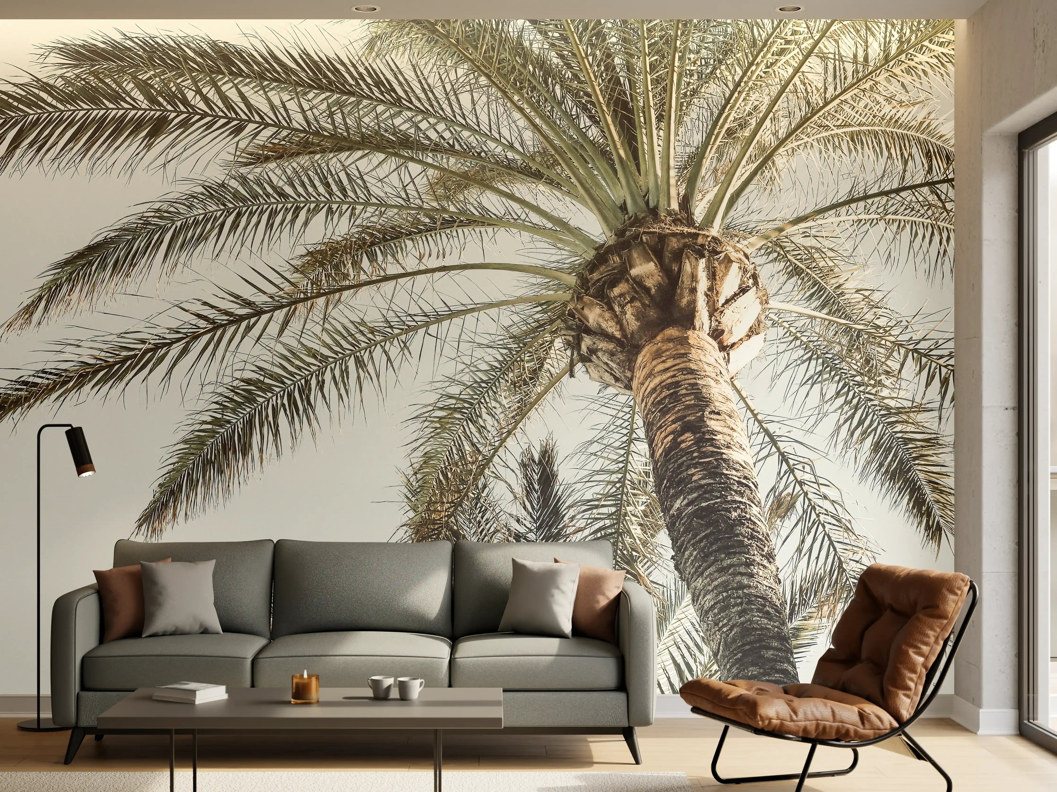 Wandverkleidung Wohnzimmer - Exotischer Palmenhain im Sonnenlicht