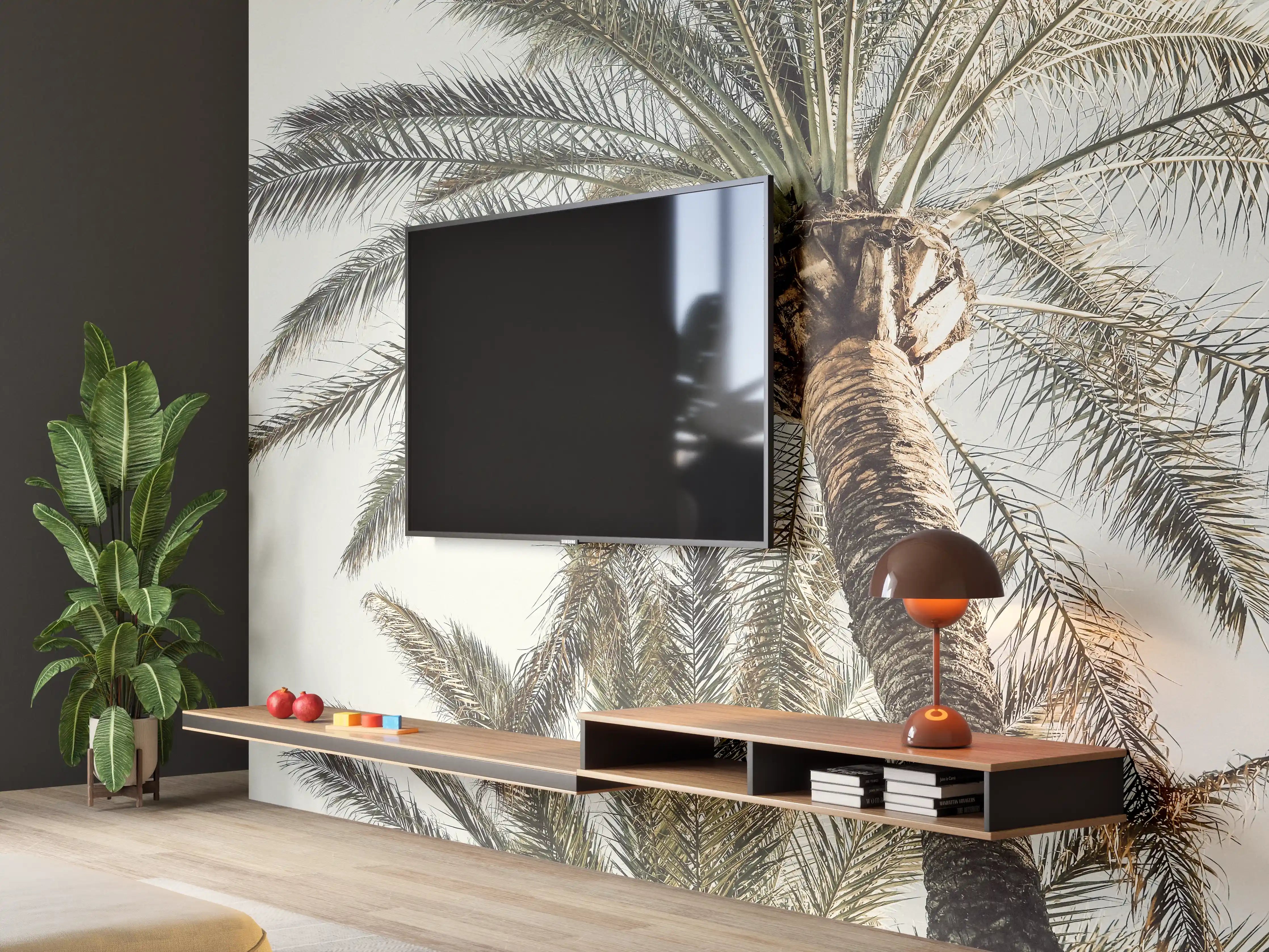 Wandverkleidung Wohnzimmer - Exotischer Palmenhain im Sonnenlicht