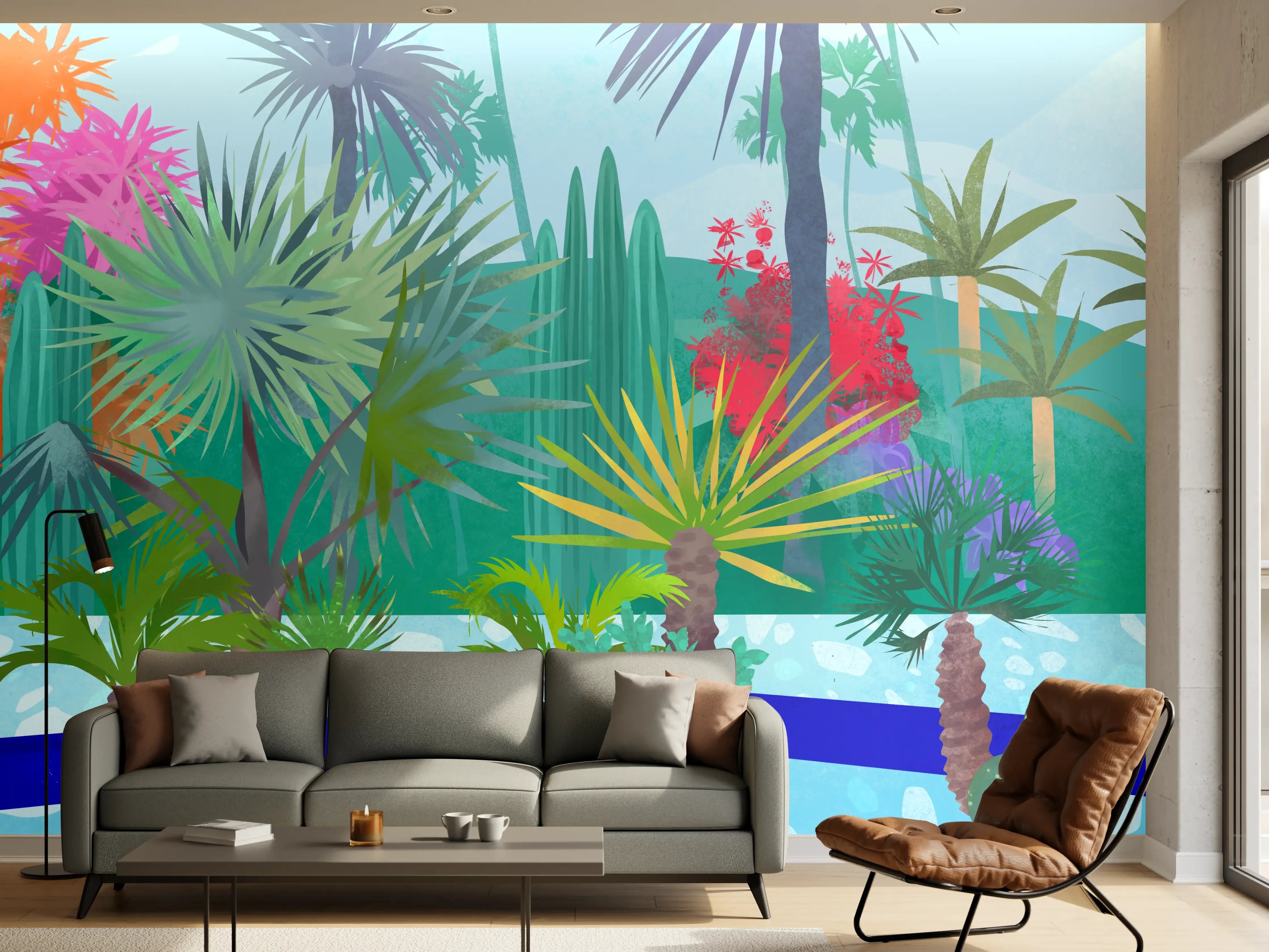 Wandverkleidung Wohnzimmer - Exotischer Pool mit Palmen und Wasserlilien