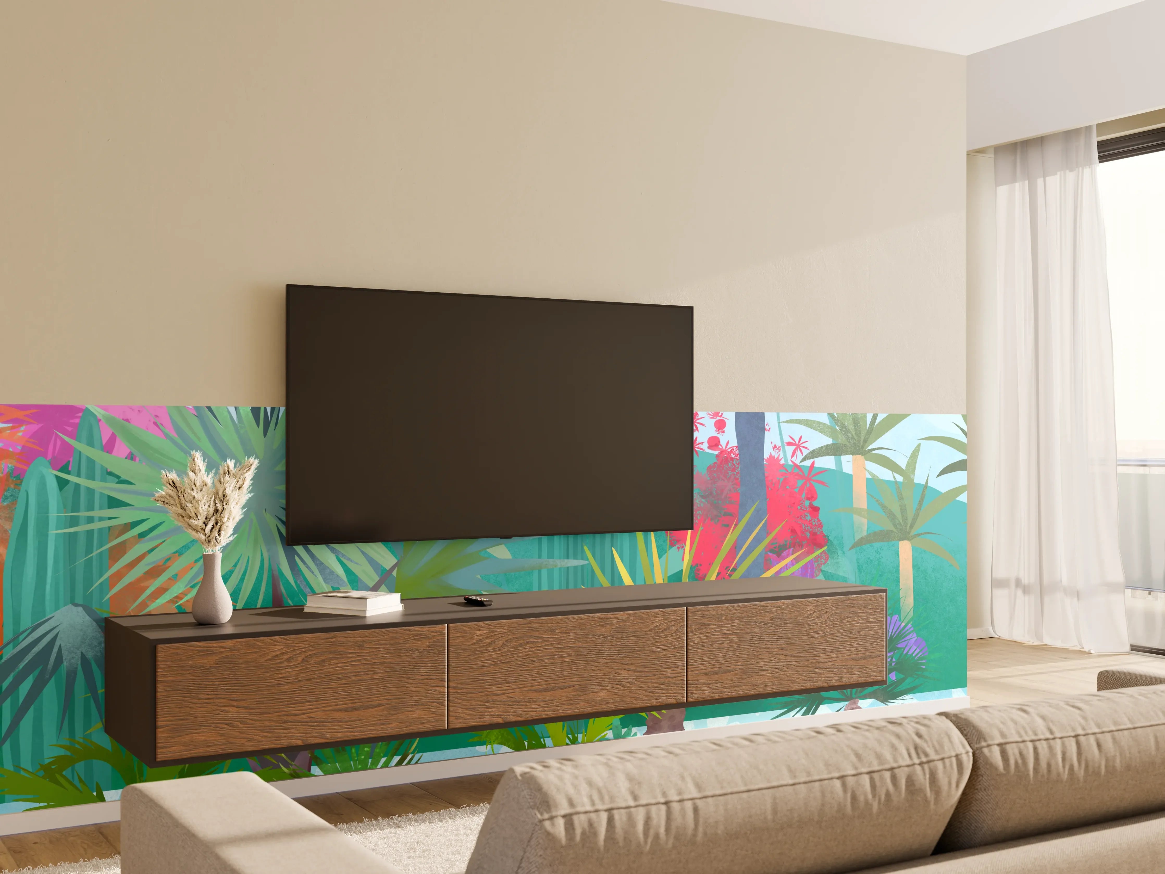 Wandverkleidung Wohnzimmer - Exotischer Pool mit Palmen und Wasserlilien