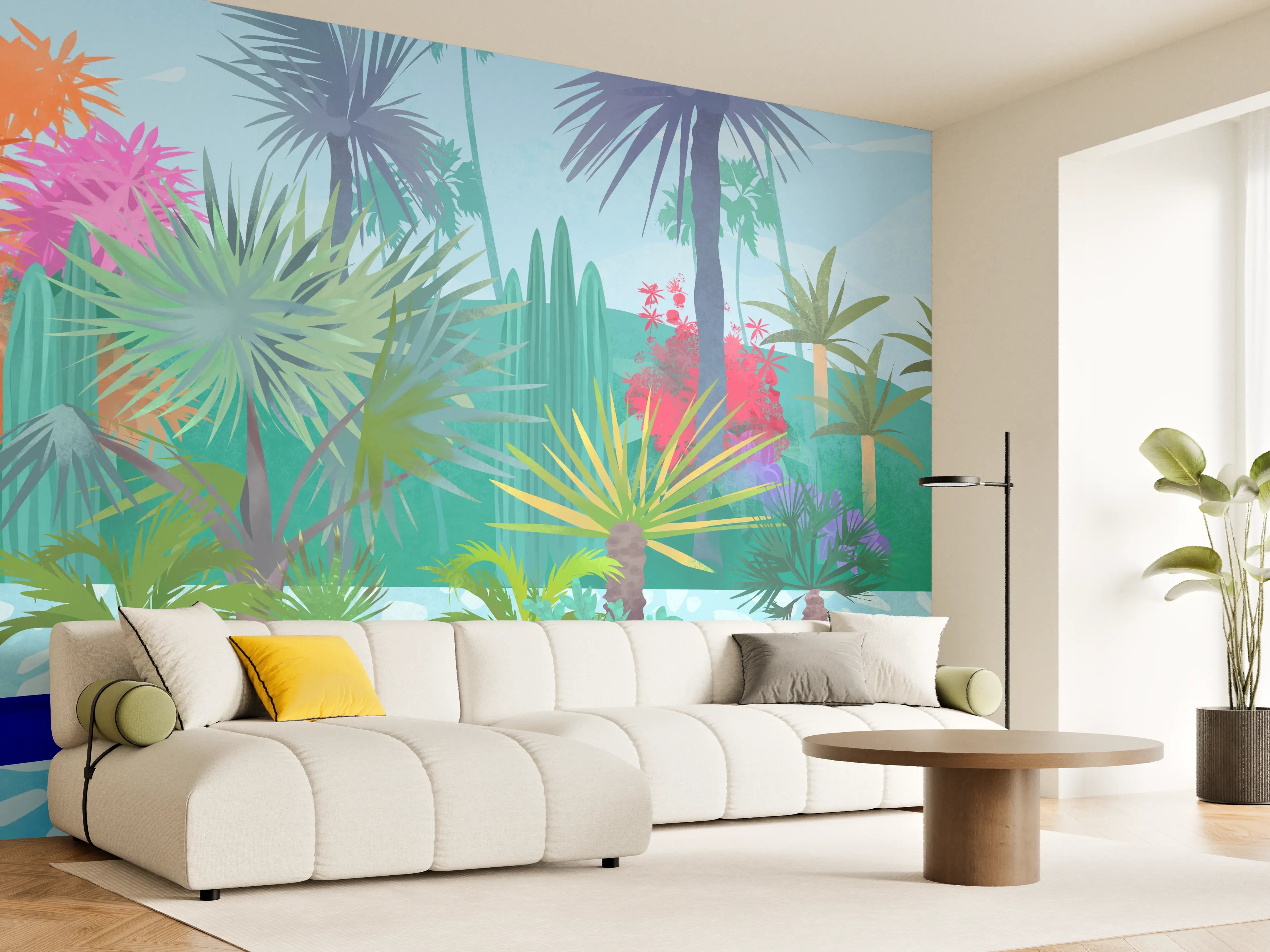 Wandverkleidung Wohnzimmer - Exotischer Pool mit Palmen und Wasserlilien