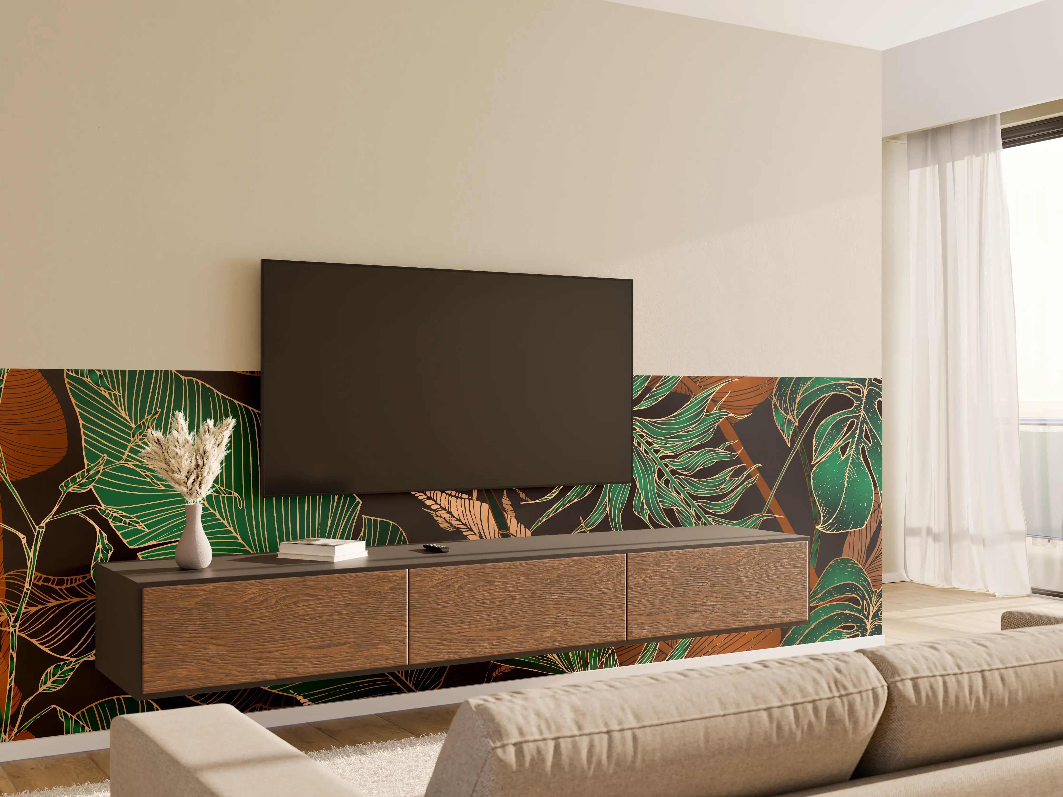 Wandverkleidung Wohnzimmer - Exotisches Blattmuster Dunkel
