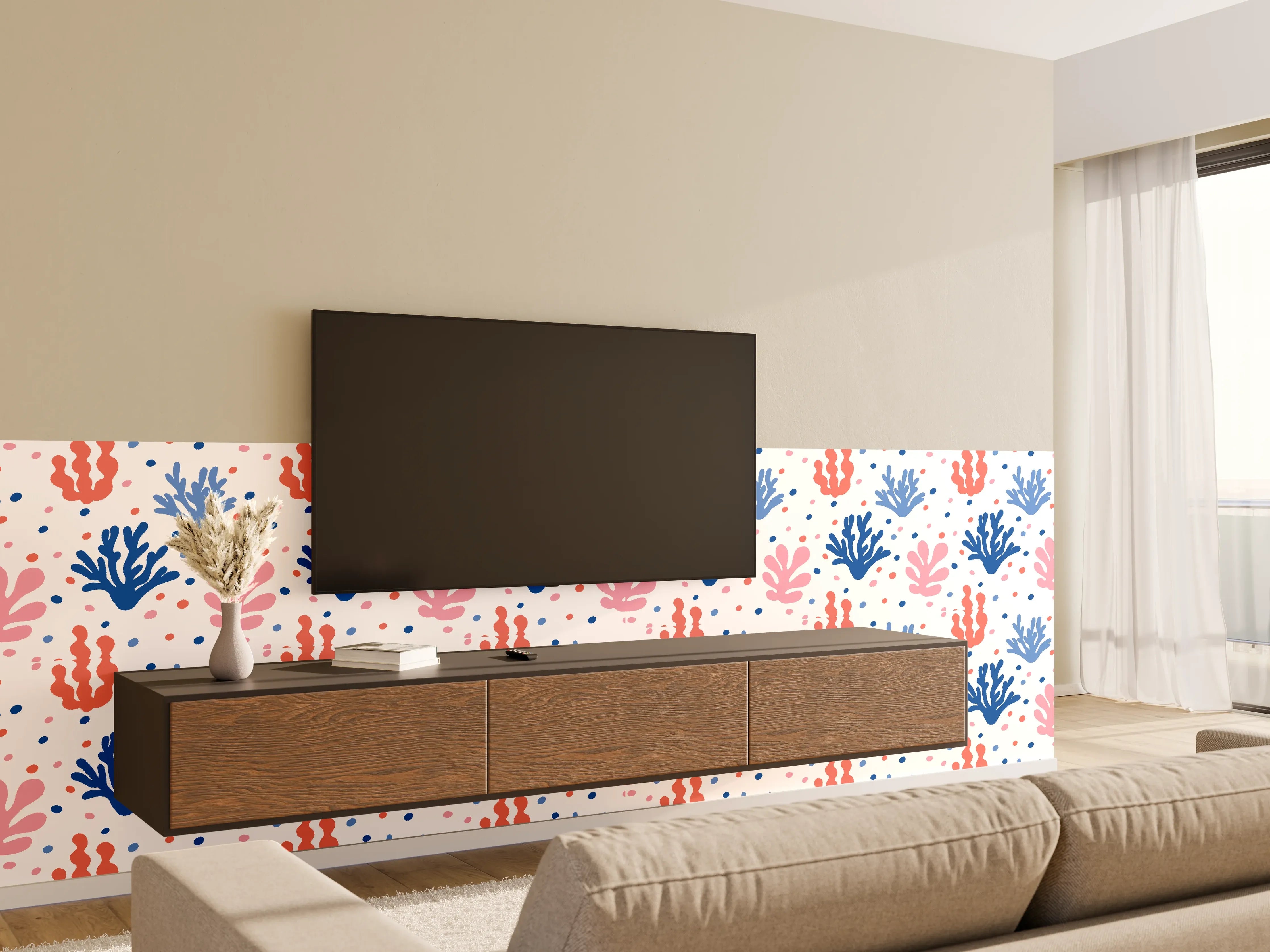 Wandverkleidung Wohnzimmer - Exotisches Korallen-Design in Blau und Rosa