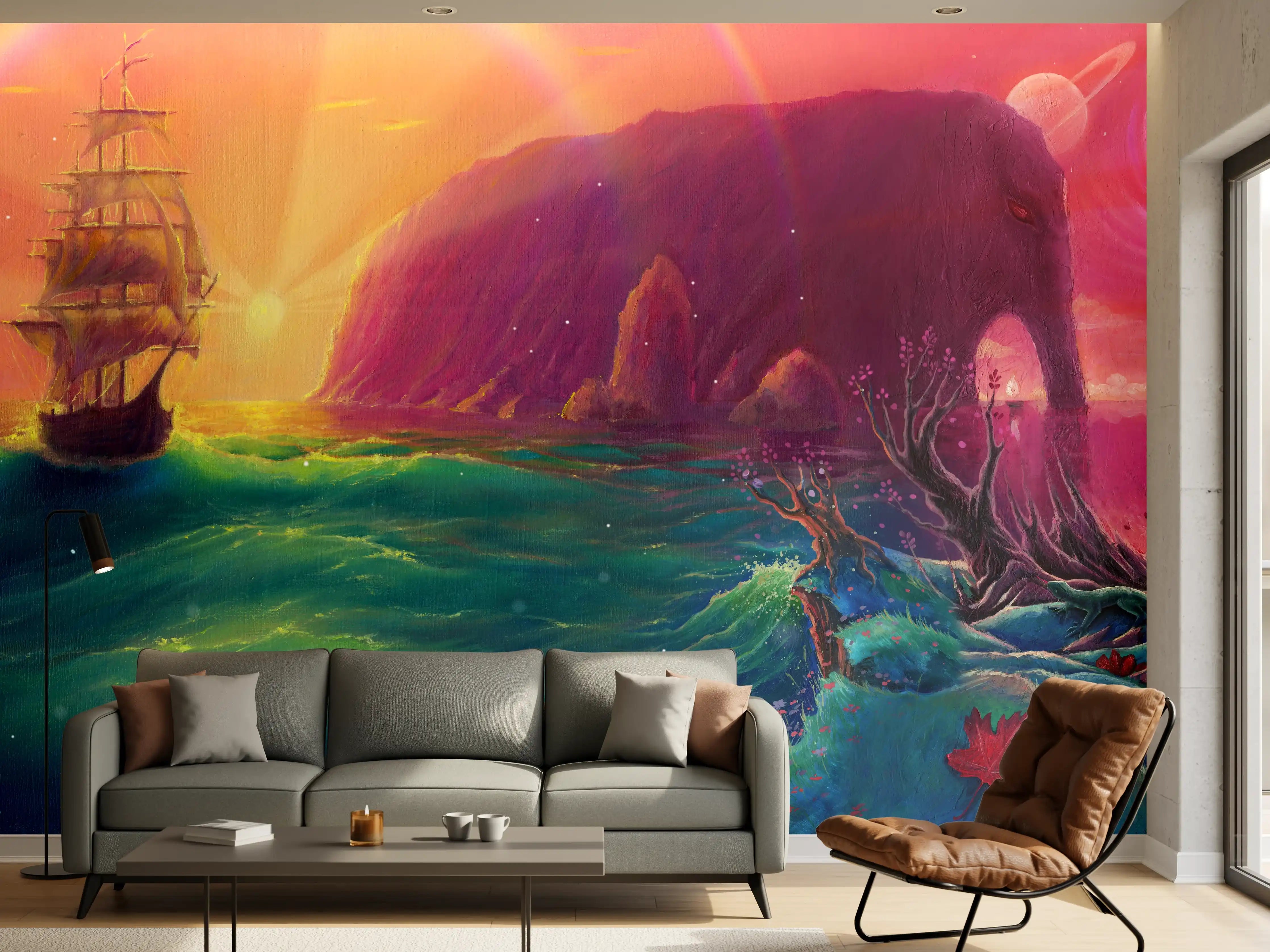 Wandverkleidung Wohnzimmer - Fantasy Ölgemälde-Sonnenuntergang Meer