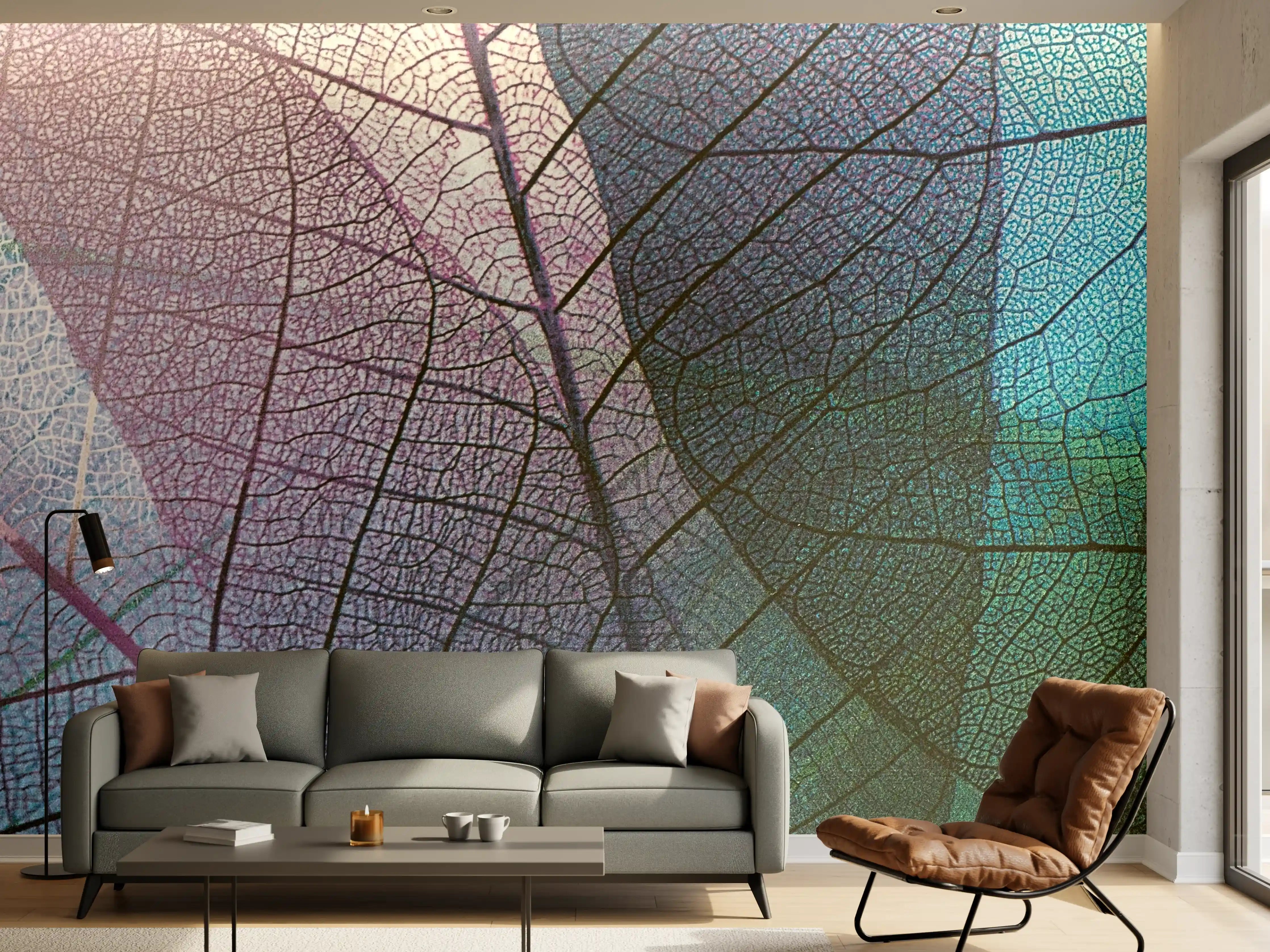 Wandverkleidung Wohnzimmer - Farbenfrohe Blätter in Schattierungen von Blau und Grau