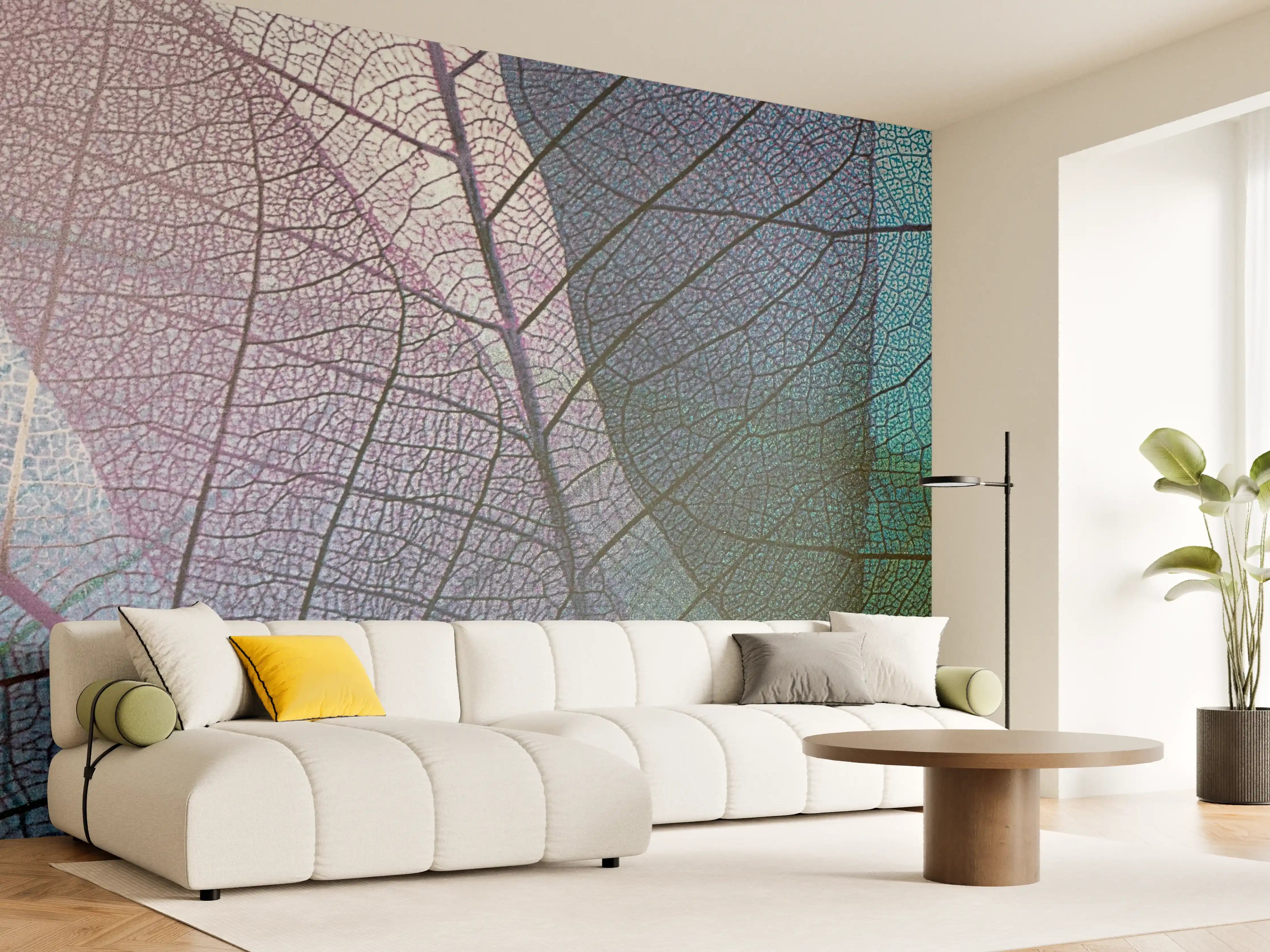 Wandverkleidung Wohnzimmer - Farbenfrohe Blätter in Schattierungen von Blau und Grau