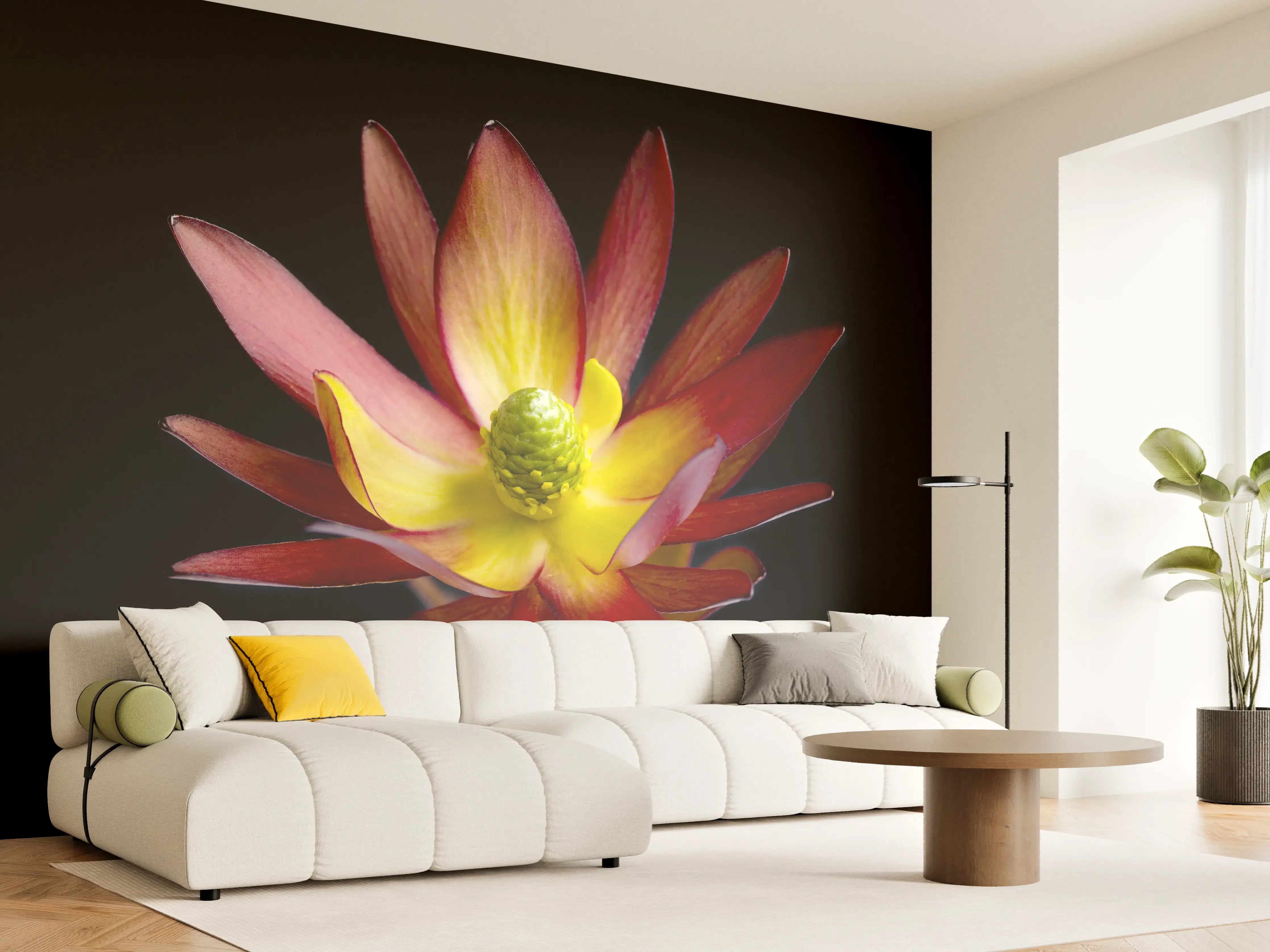 Wandverkleidung Wohnzimmer - Farbenfrohe Blüte auf Schwarz