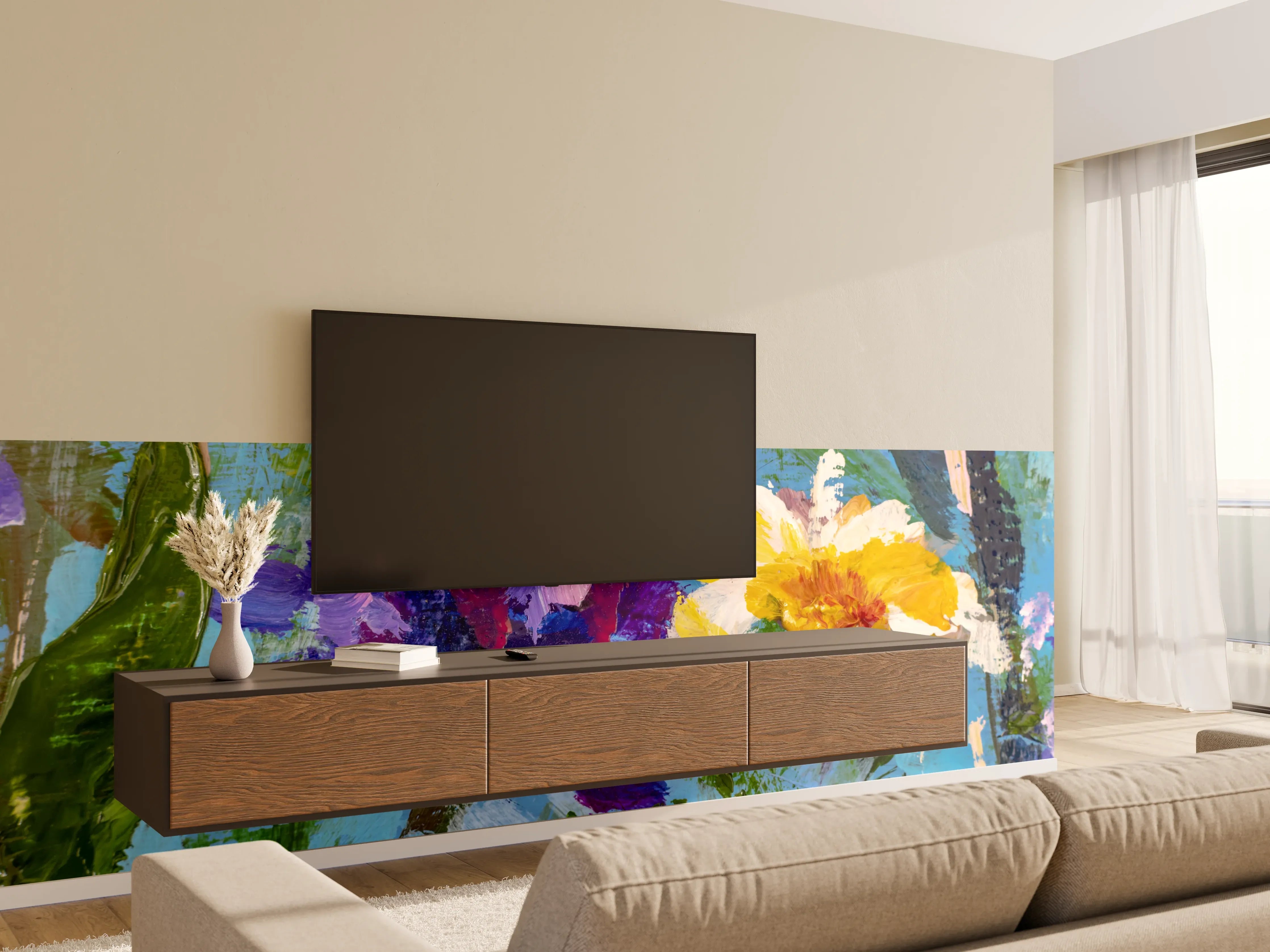 Wandverkleidung Wohnzimmer - Farbenfrohe Blumenmalerei