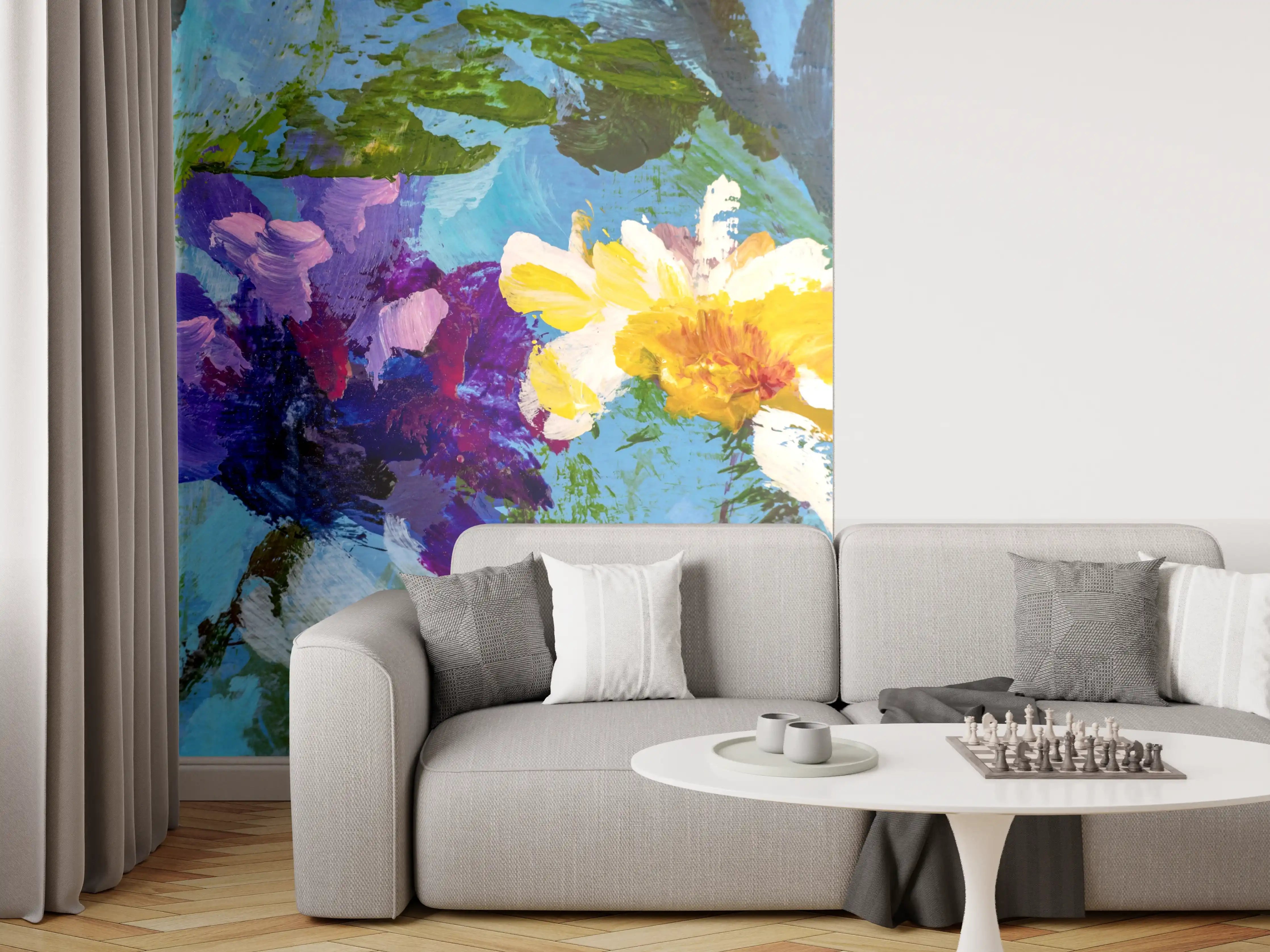 Wandverkleidung Wohnzimmer - Farbenfrohe Blumenmalerei