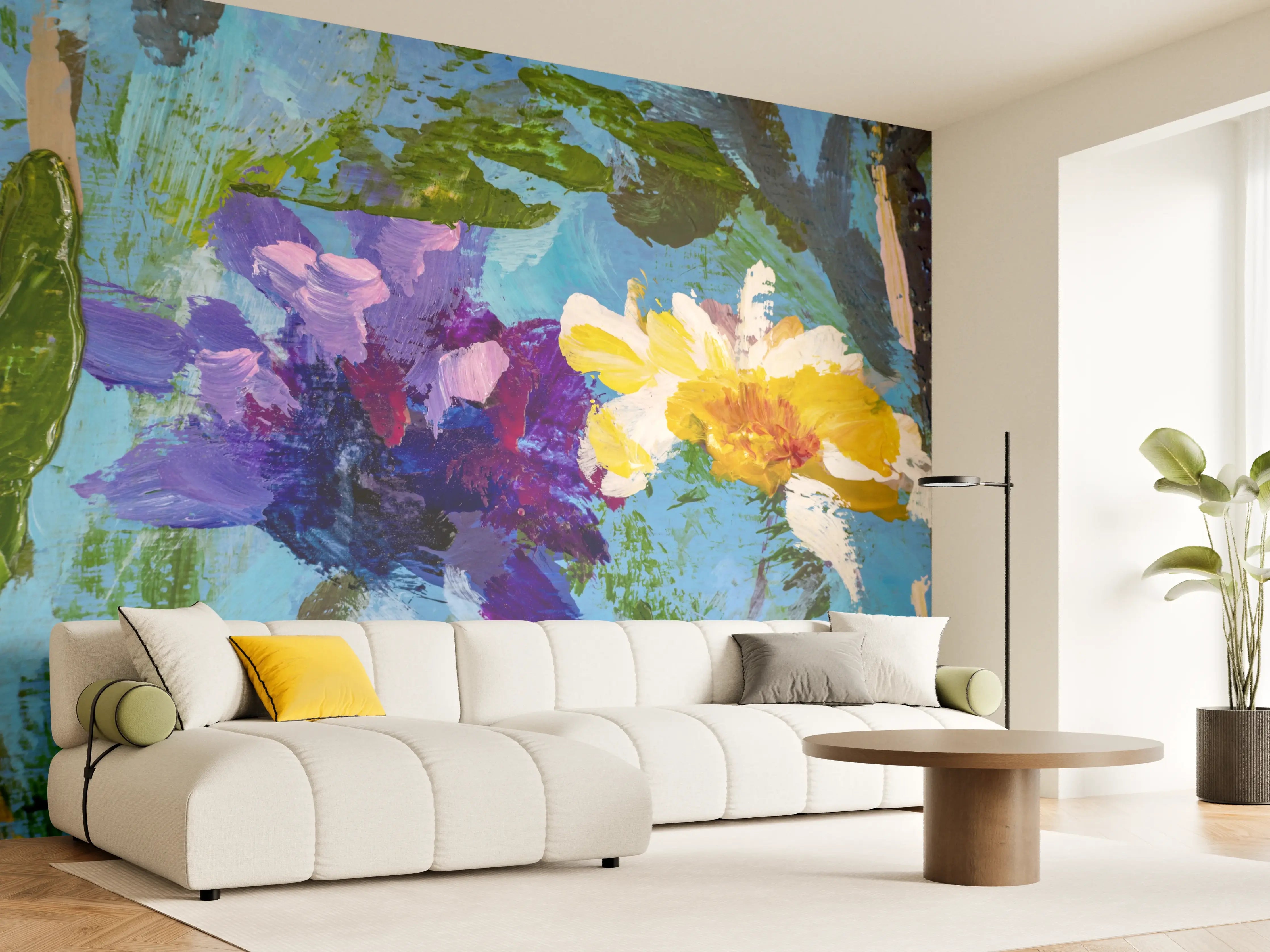 Wandverkleidung Wohnzimmer - Farbenfrohe Blumenmalerei