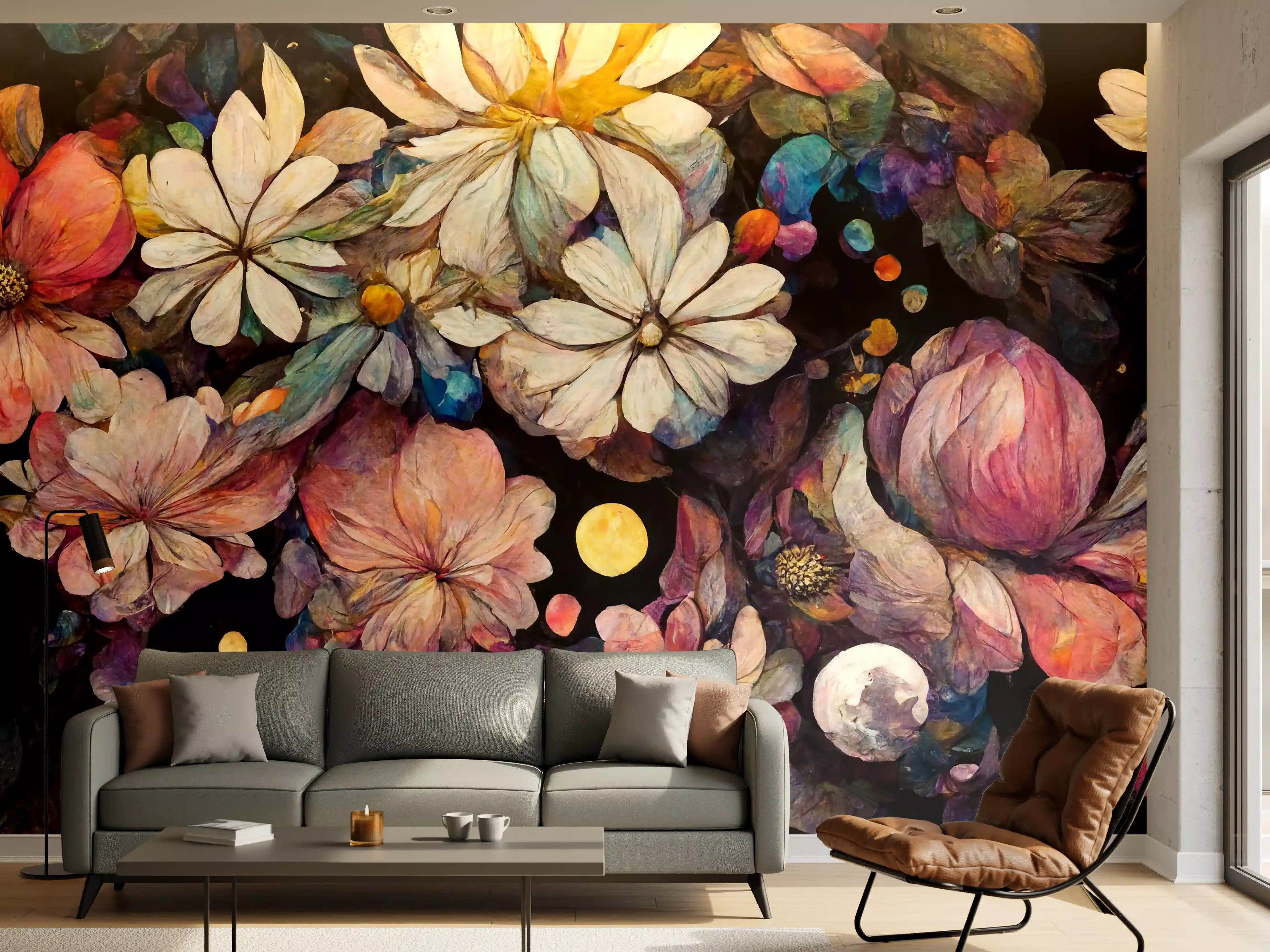 Wandverkleidung Wohnzimmer - Farbenfrohe Blumenpracht in dunklem Hintergrund