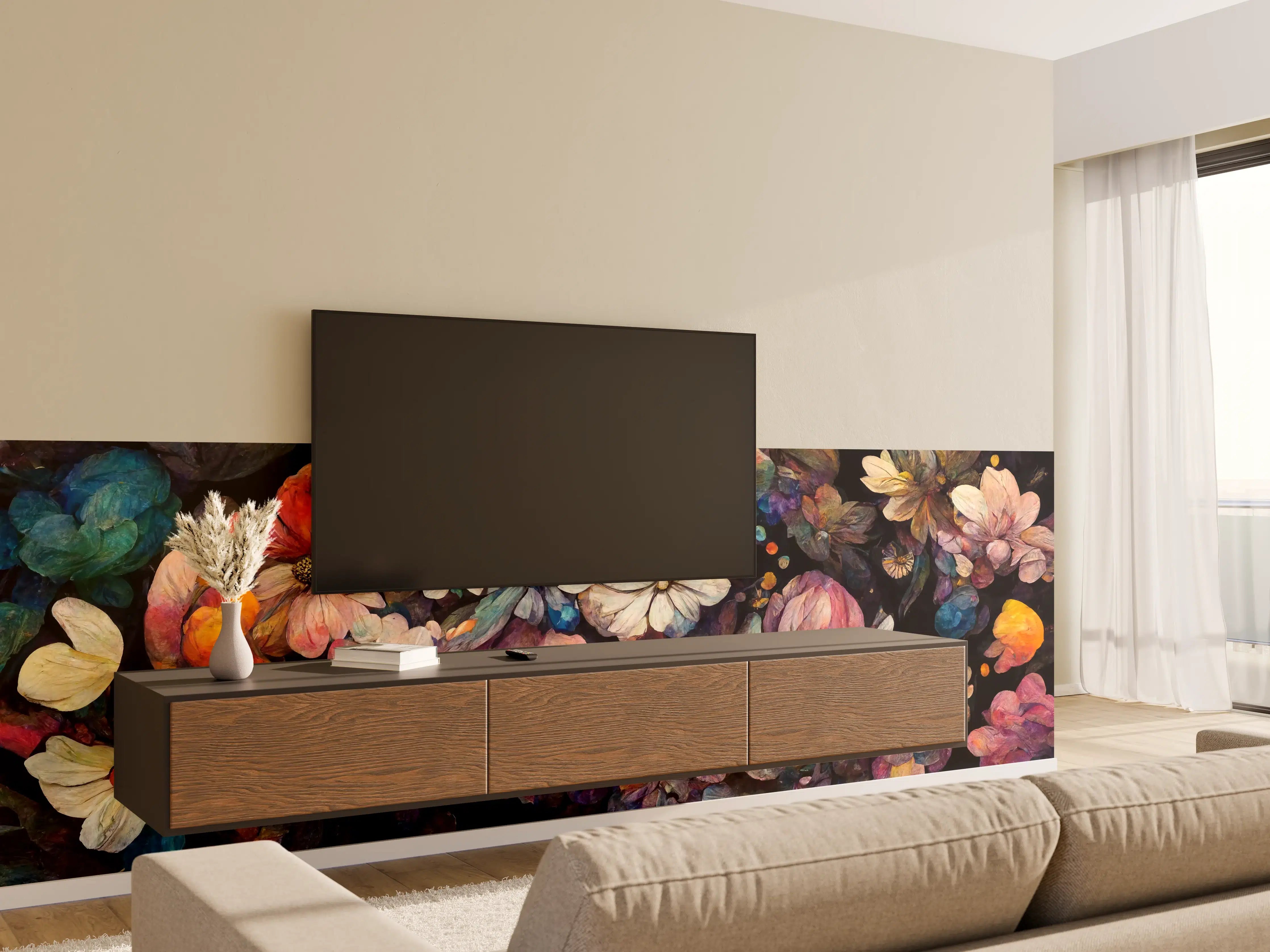 Wandverkleidung Wohnzimmer - Farbenfrohe Blumenpracht in dunklem Hintergrund