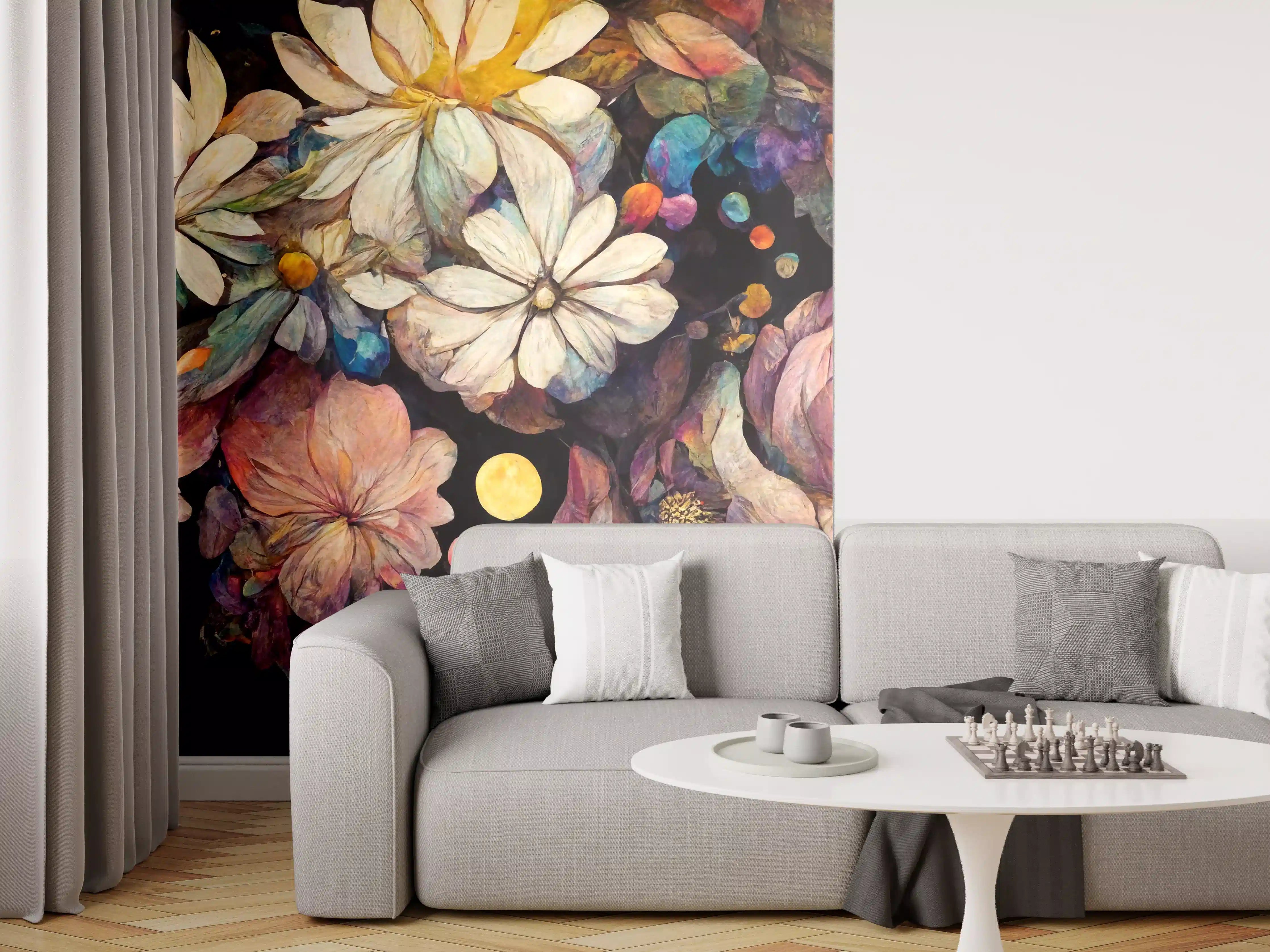 Wandverkleidung Wohnzimmer - Farbenfrohe Blumenpracht in dunklem Hintergrund