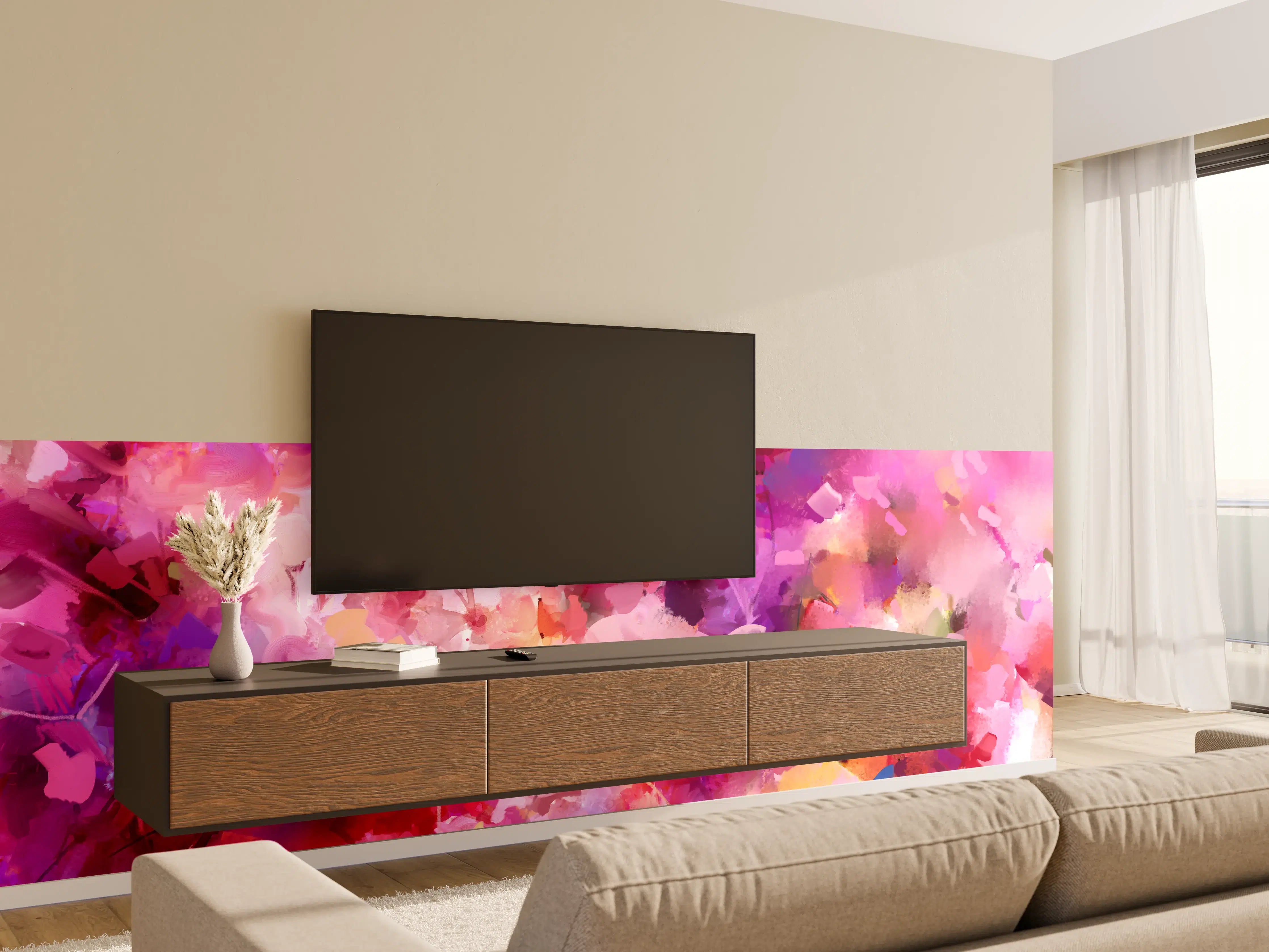 Wandverkleidung Wohnzimmer - Farbenfrohe Blumenwiese in Aquarellstil