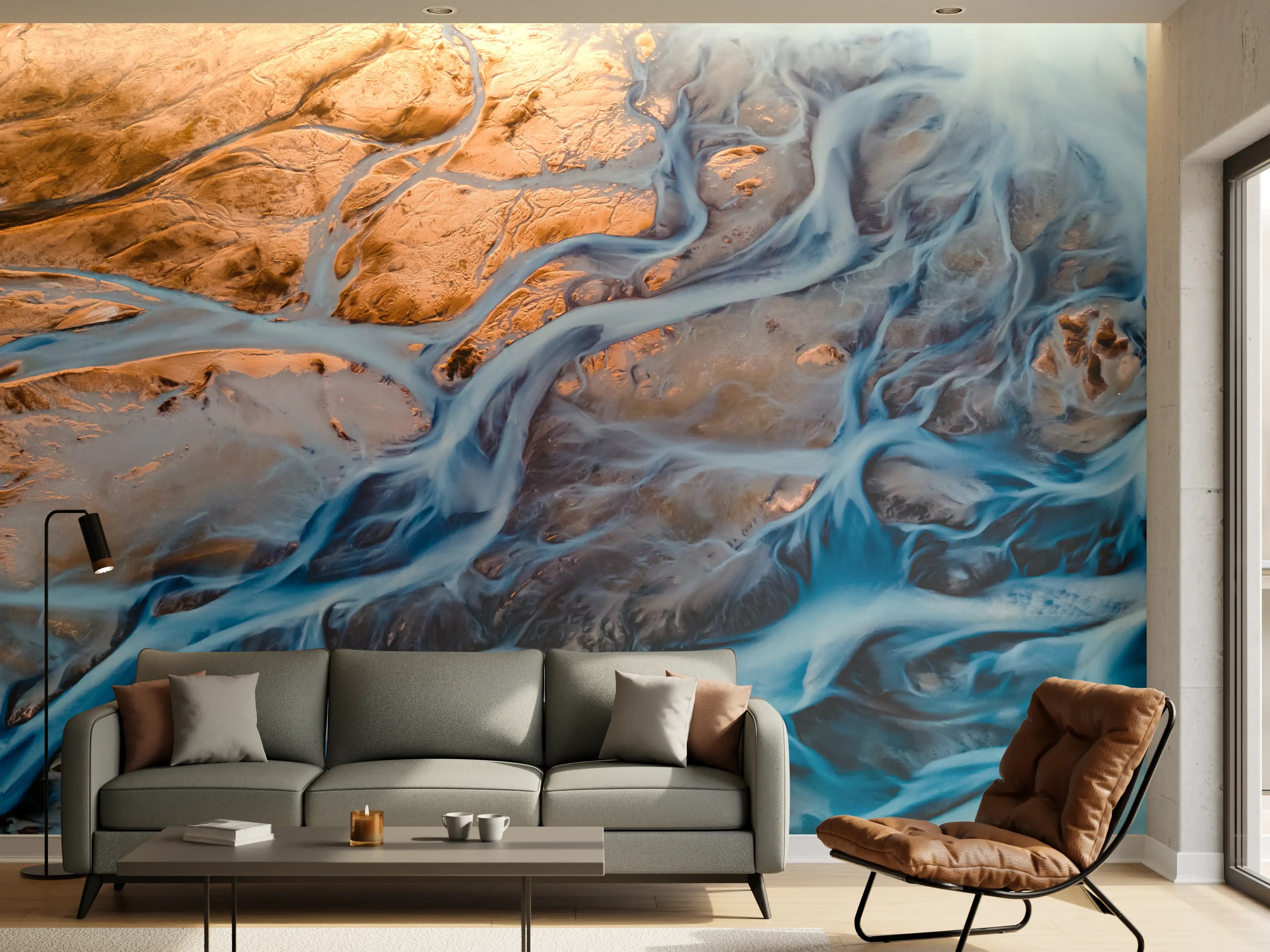 Wandverkleidung Wohnzimmer - Farbenfrohe Flusslandschaft mit Flussläufen