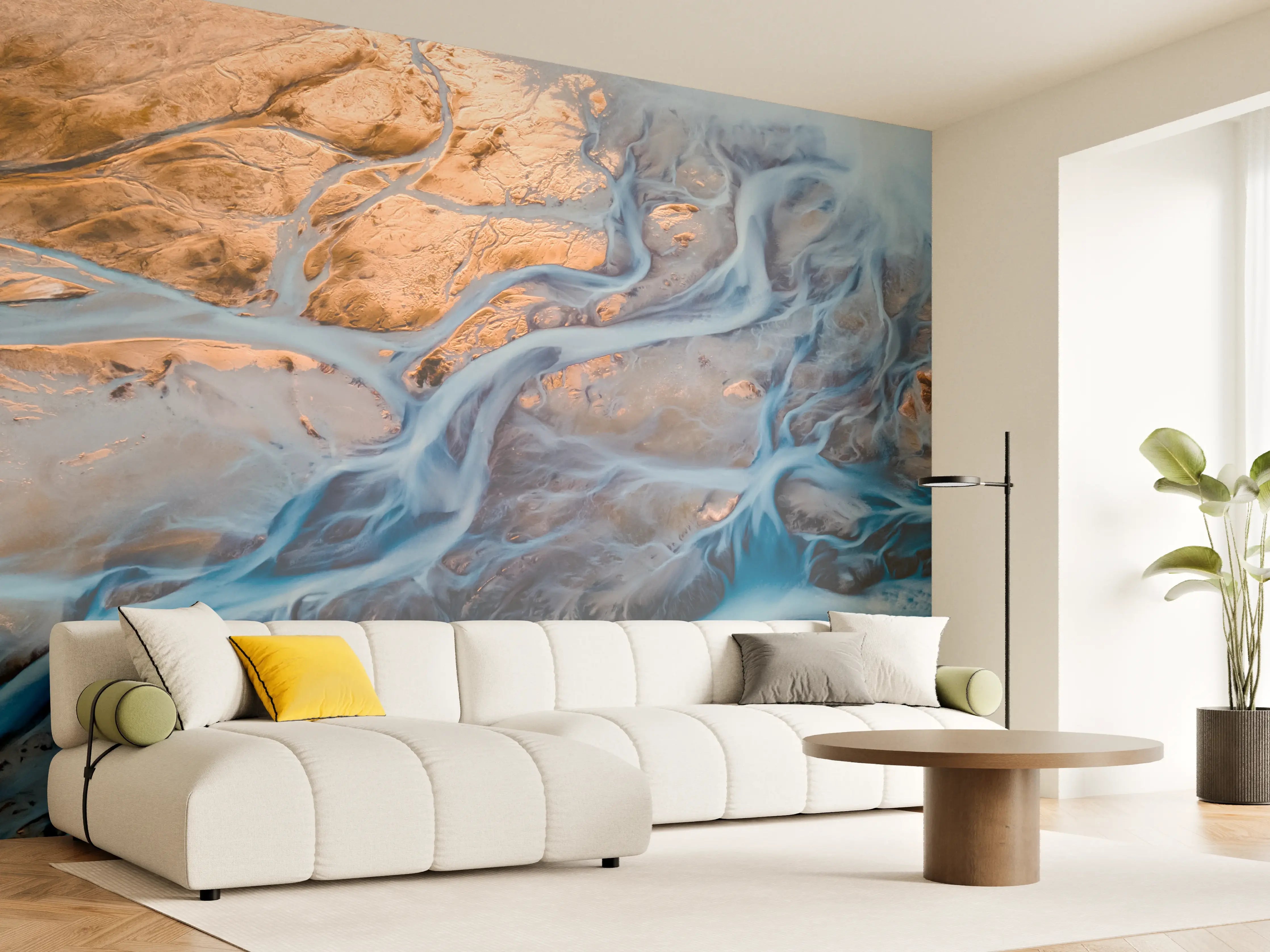 Wandverkleidung Wohnzimmer - Farbenfrohe Flusslandschaft mit Flussläufen