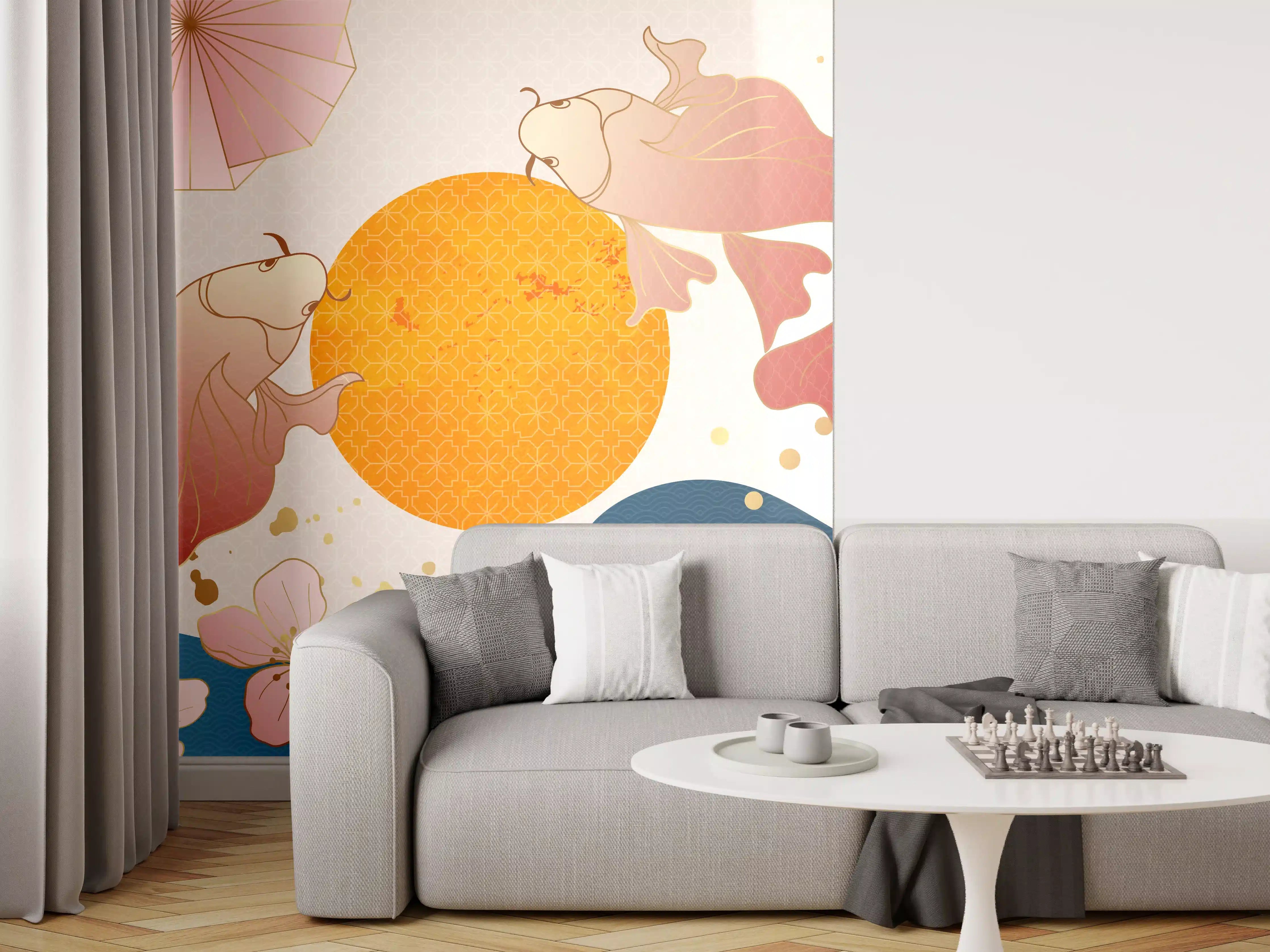 Wandverkleidung Wohnzimmer - Farbenfrohe Koi-Illustration