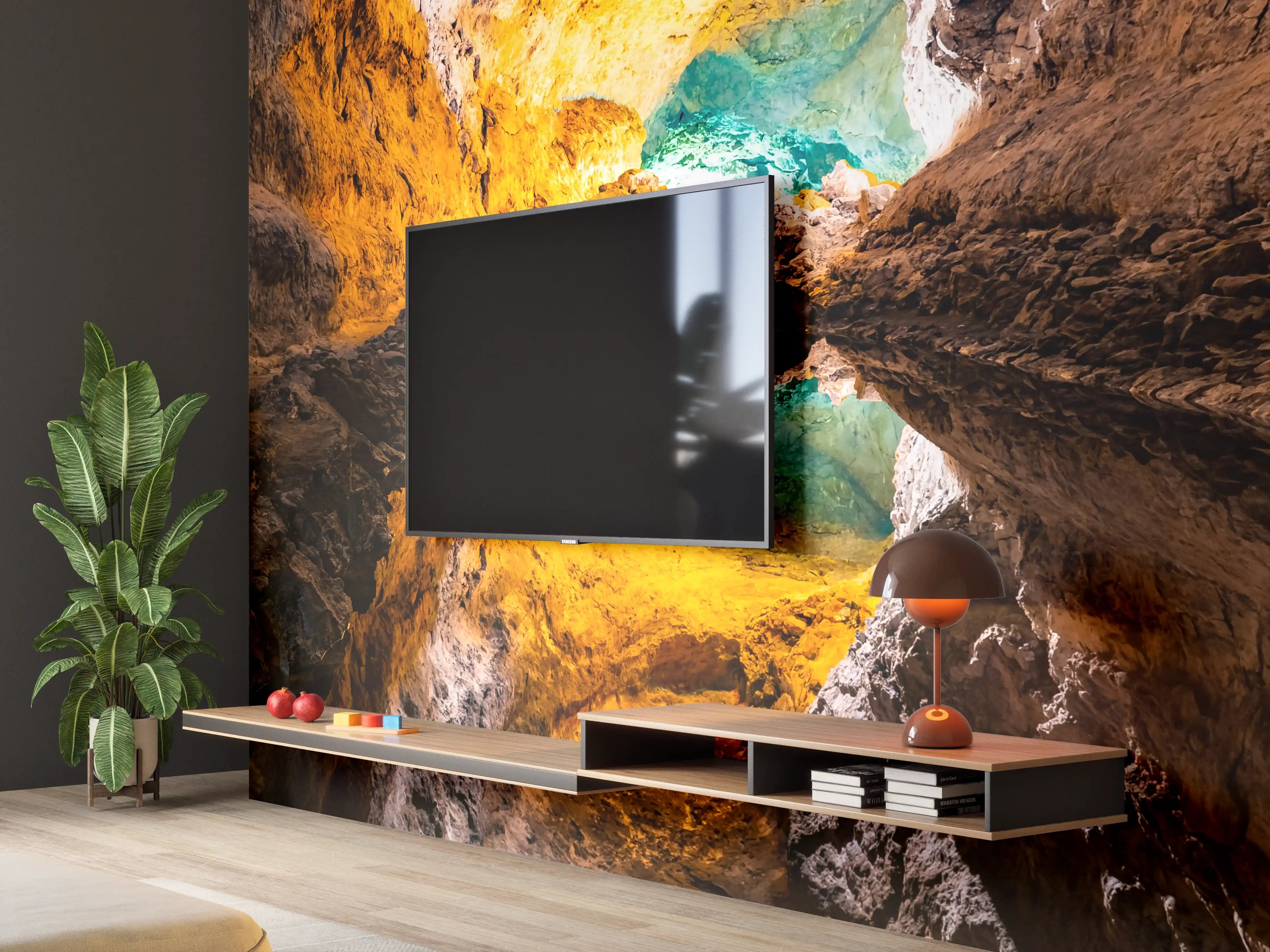 Wandverkleidung Wohnzimmer - Farbenfrohe Tropfsteinhöhle mit Spiegelung